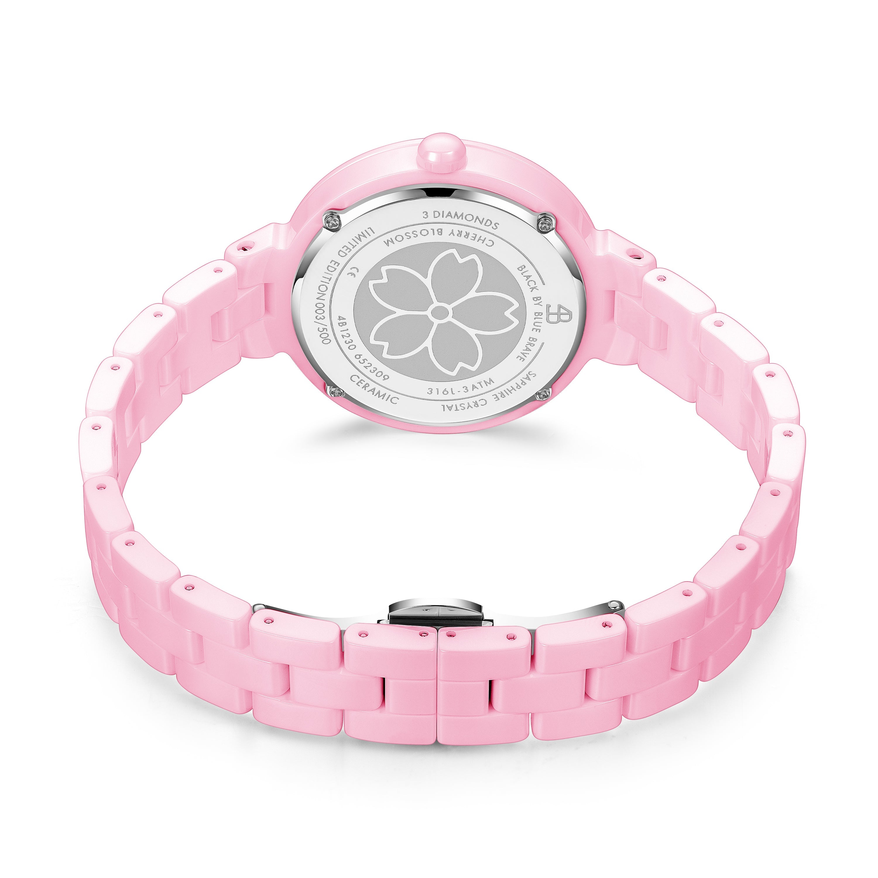 PINK DIAMOND CHERRY BLOSSOM CERAMIC WATCH WITH FLOWER CERAMIC JEWELLERIES (EARRINGS & NECKLACE & BRACELET & RING)