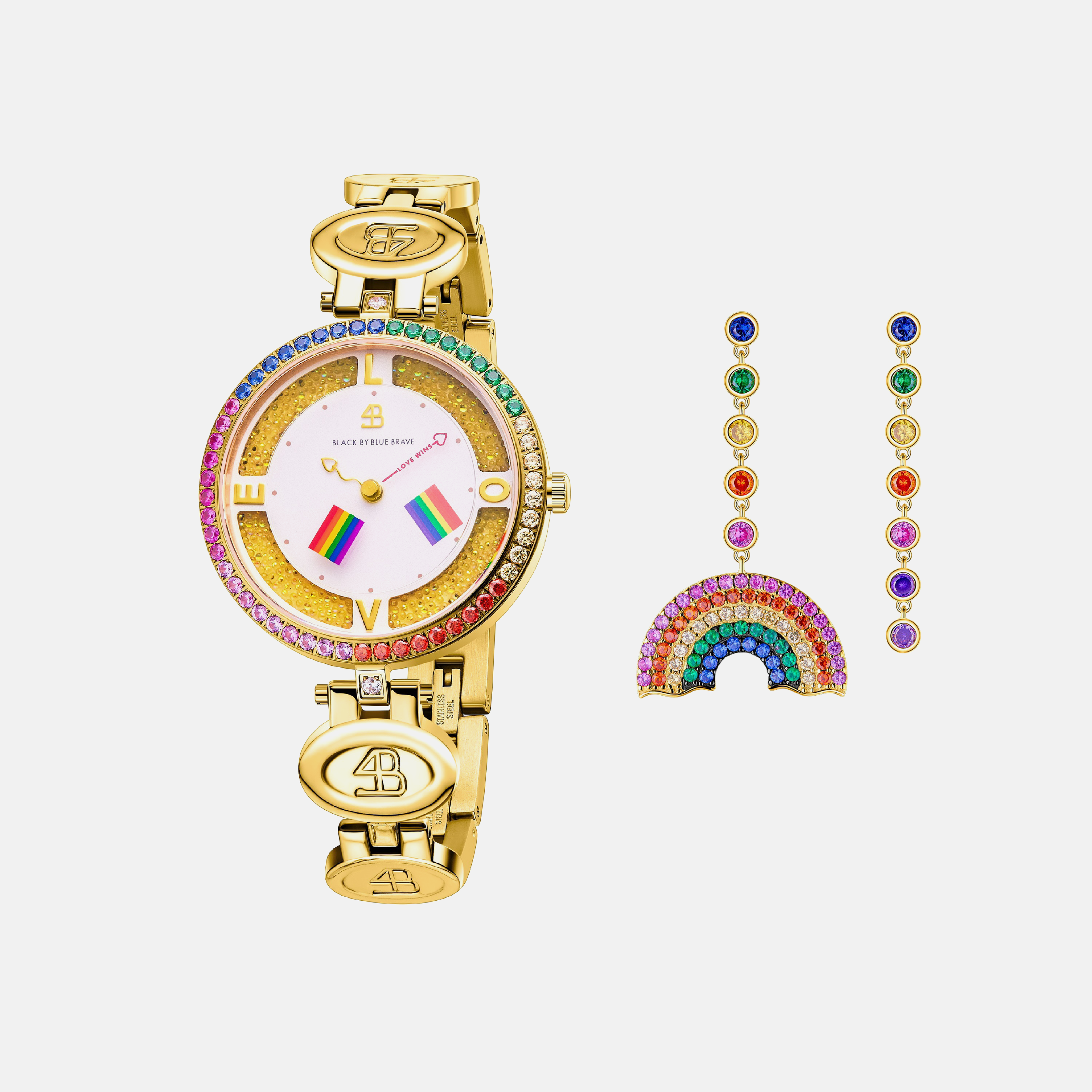 GOLD LOVE WINS 2024 WATCH WITH RAINBOW EARRINGS