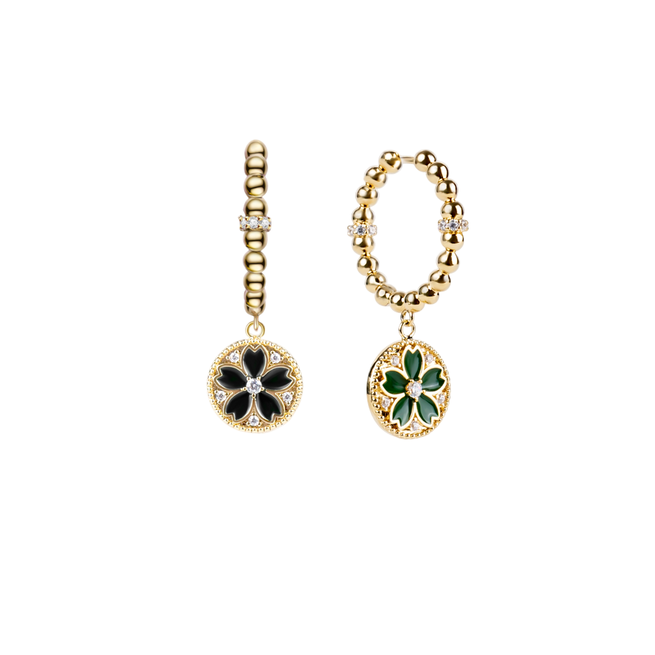 Cherry Blossom Symphony Green & Black Enamel Gold Earrings (18K Gold Plated)
