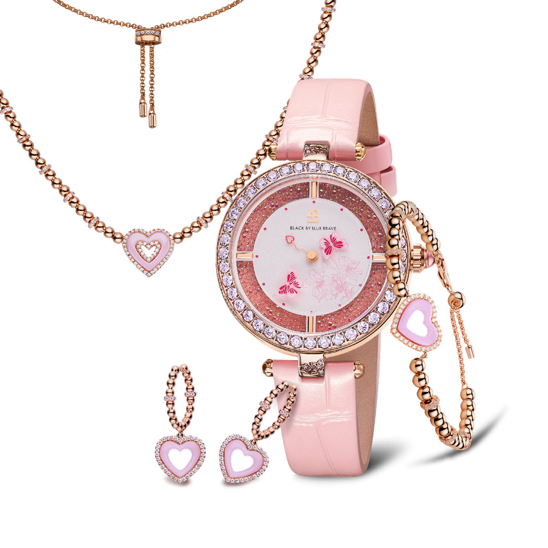 Pink Butterfly Lovers Watch With Love Heart Ceramic Jewelleries (Bracelet+Earrings+Necklace)