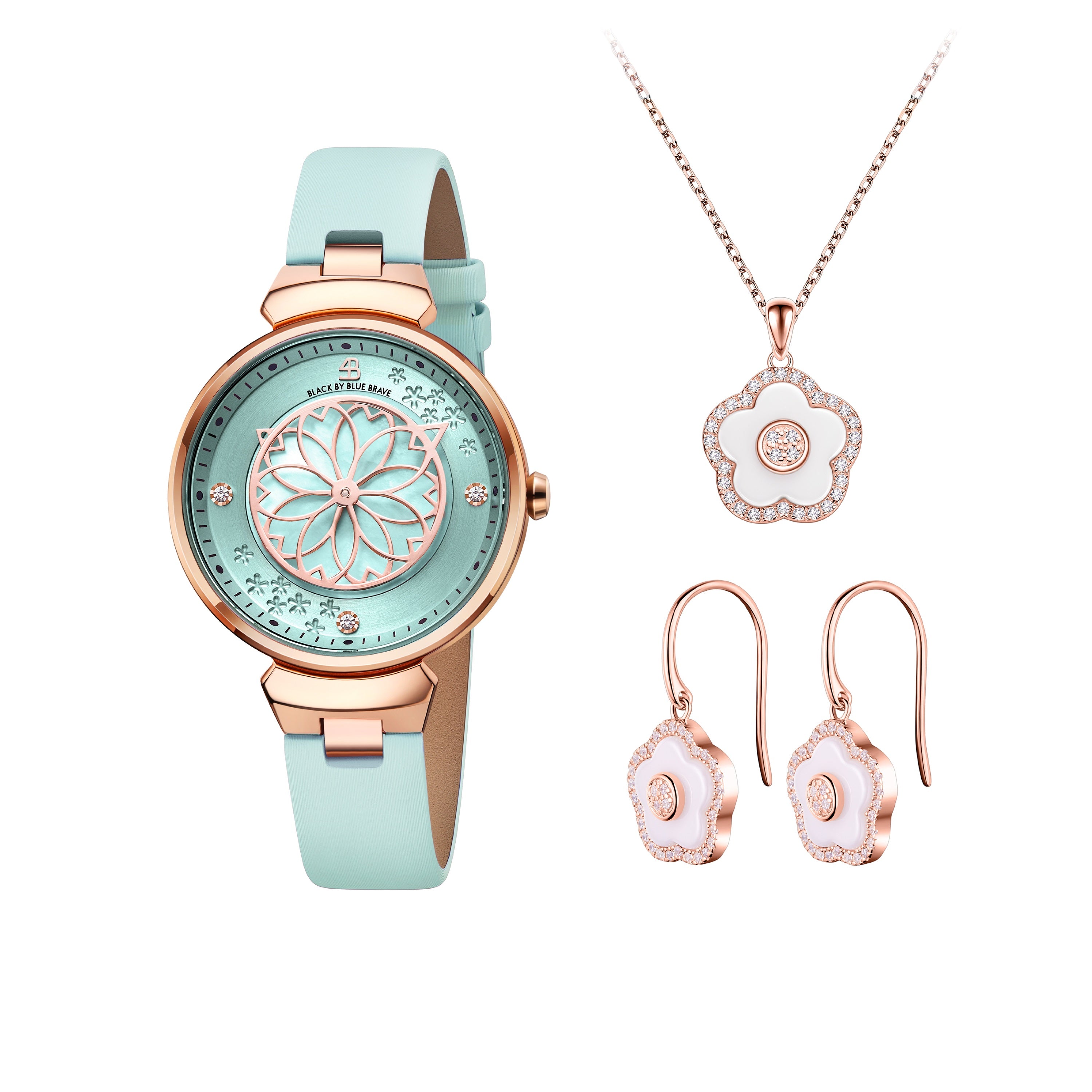 Blue Cherry Blossom Watch With Flower Ceramic Jewelleries（Earrings & Necklace）