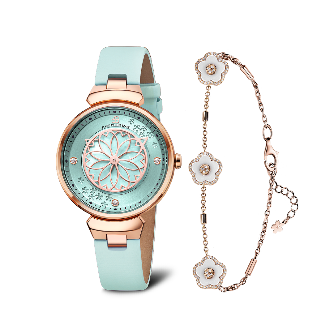 Blue Cherry Blossom Watch With Rosegold Bracelet & White Ceramic