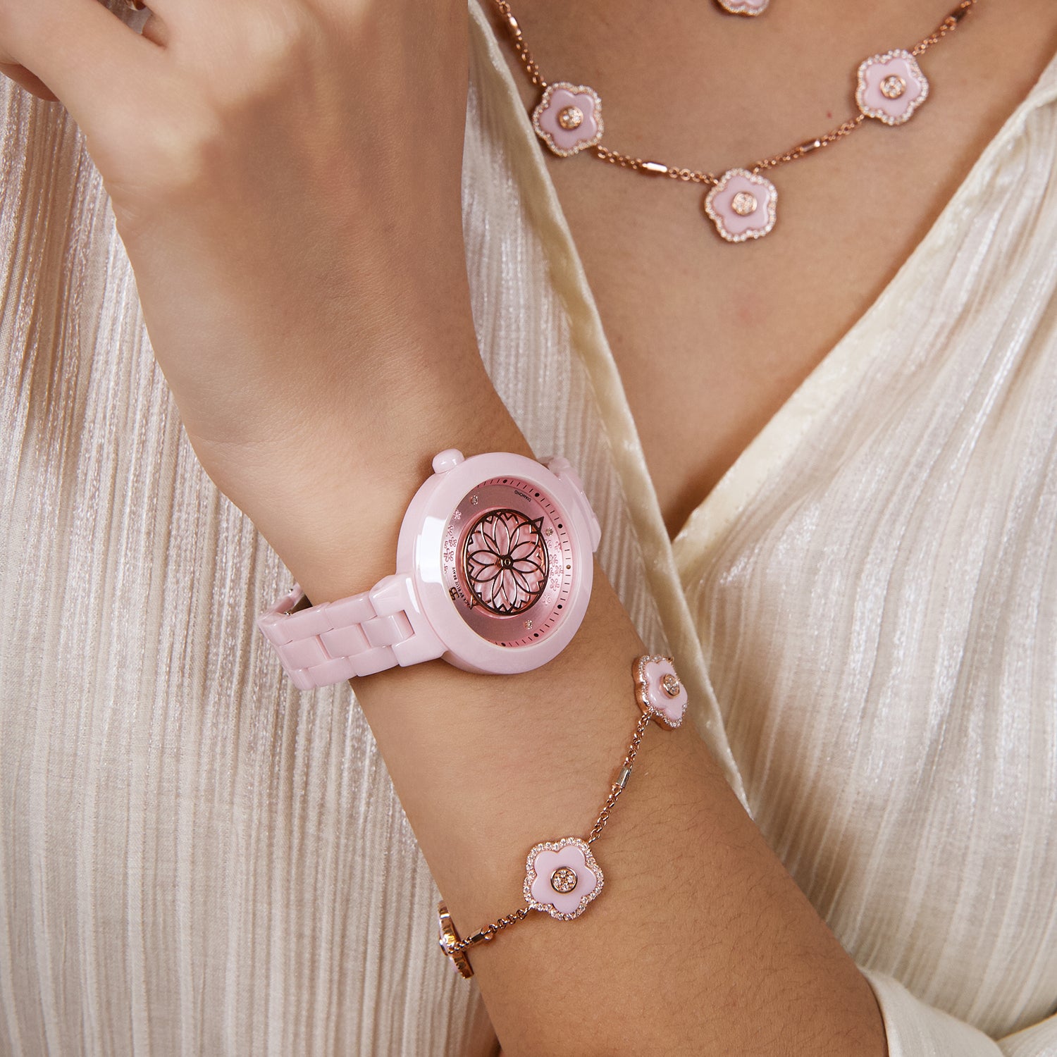 Pink Diamond Cherry Blossom Ceramic Watch With Flower Ceramic Bracelet