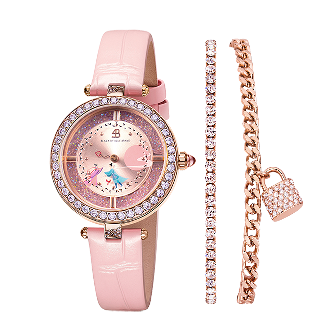 Cowherd and Weaver Girl 34mm Pink Dial Magpies Bridge Genuine Leather Strap Watch