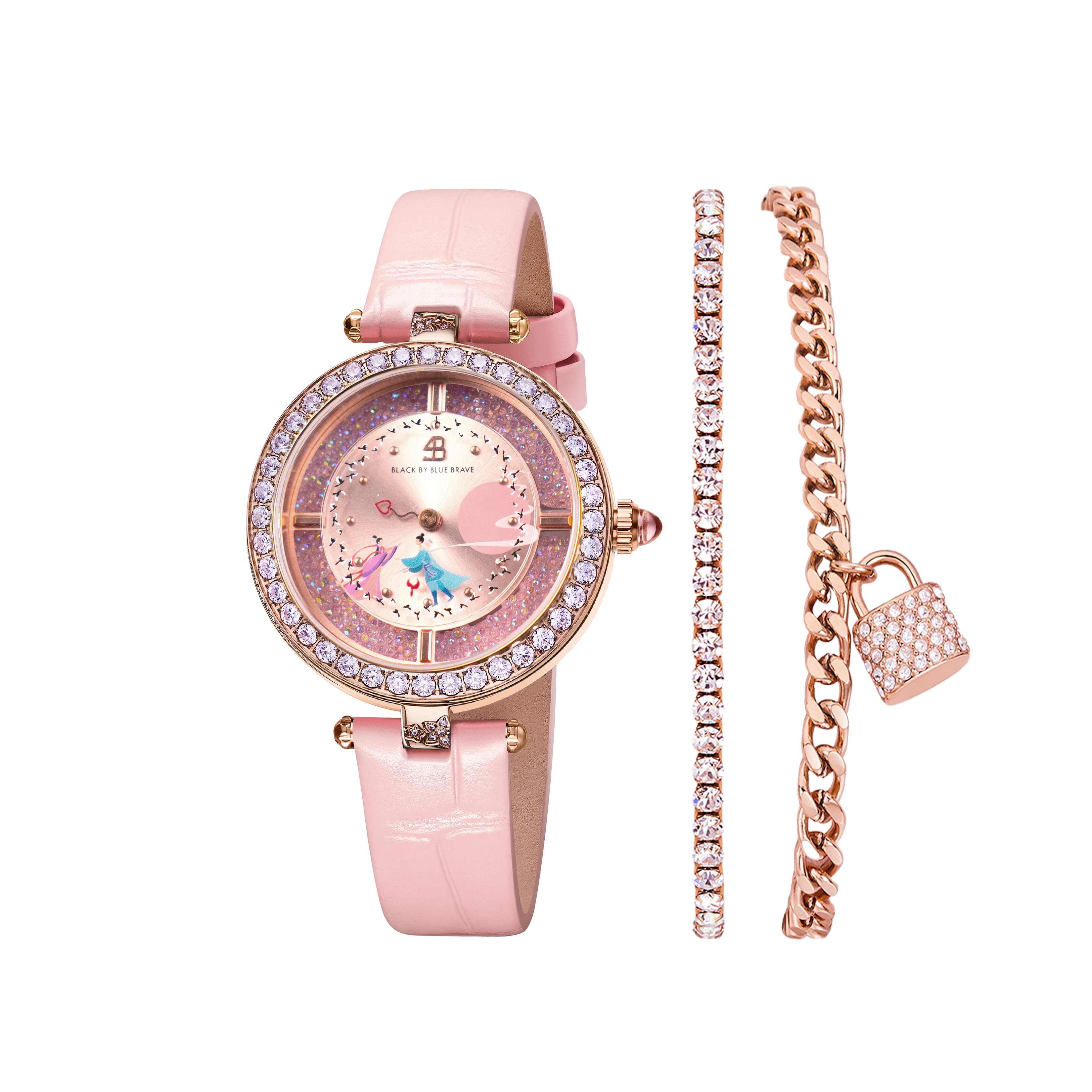 Cowherd and Weaver Girl 34mm Pink Dial Magpies Bridge Genuine Leather Strap Watch  (One Watch & Two Bracelet) - BLACK BY BLUE BRAVE