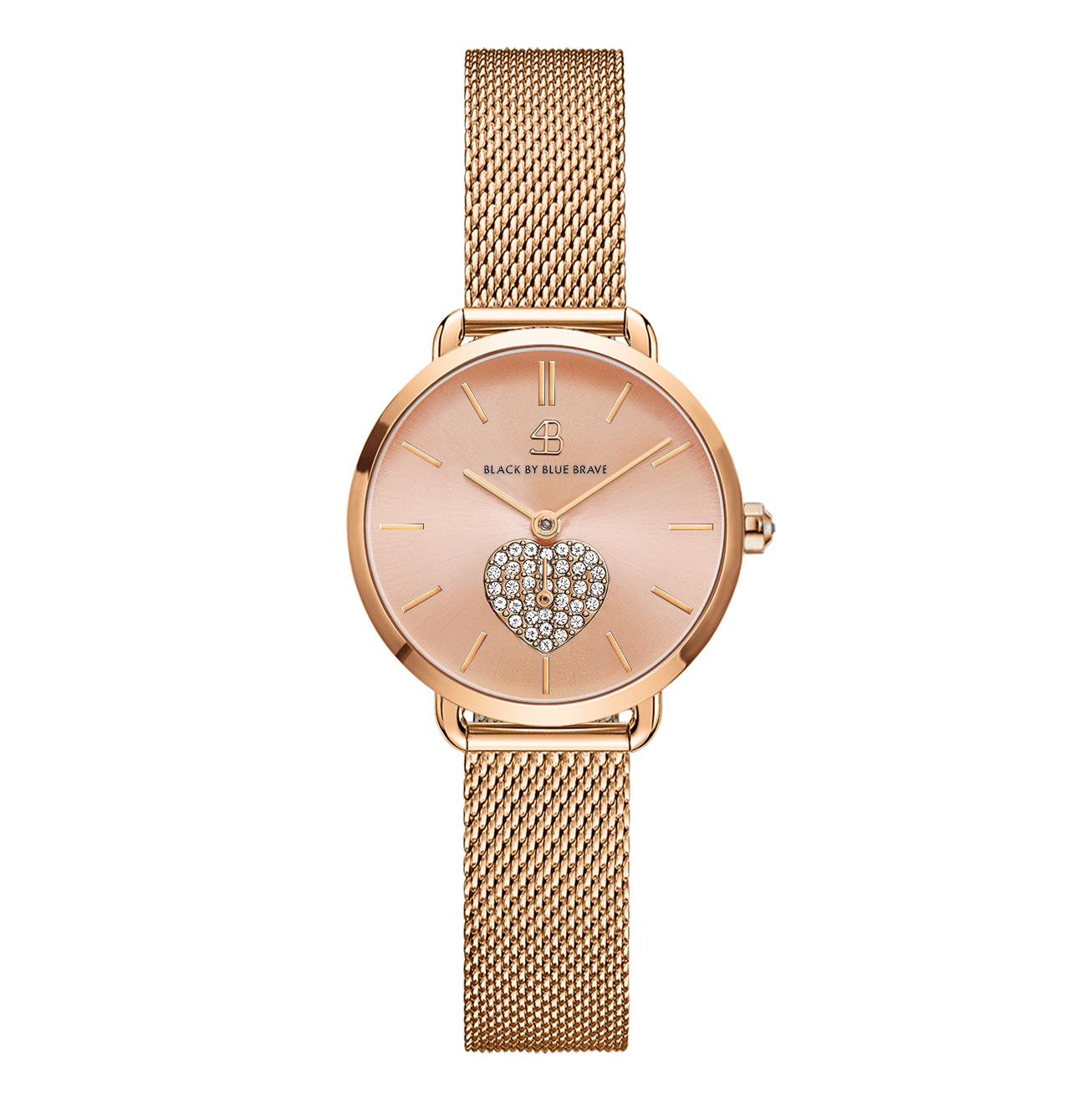 Shine Heart 28mm Champagne Dial Crystal Heart Rosegold Meshband Watch