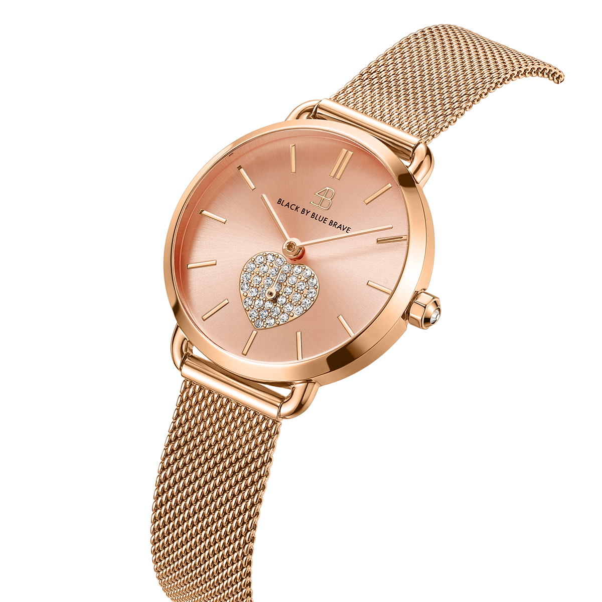 Shine Heart 28mm Champagne Dial Crystal Heart Rosegold Meshband Watch