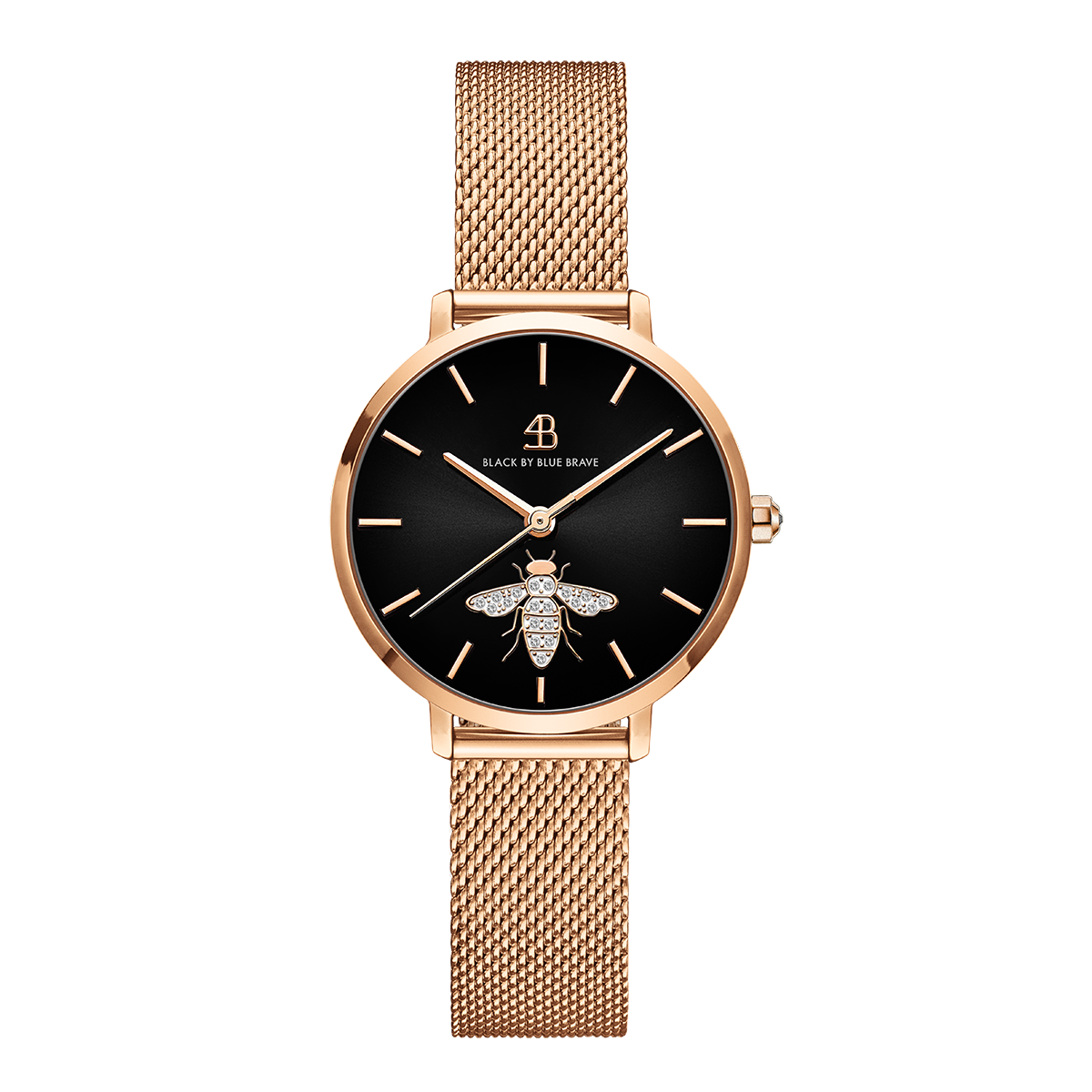 Honey Bee 32mm Black Dial White Crystal Bee Rosegold Meshband Watch