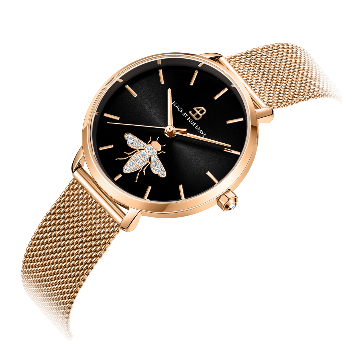 Honey Bee 32mm Black Dial White Crystal Bee Rosegold Meshband Watch