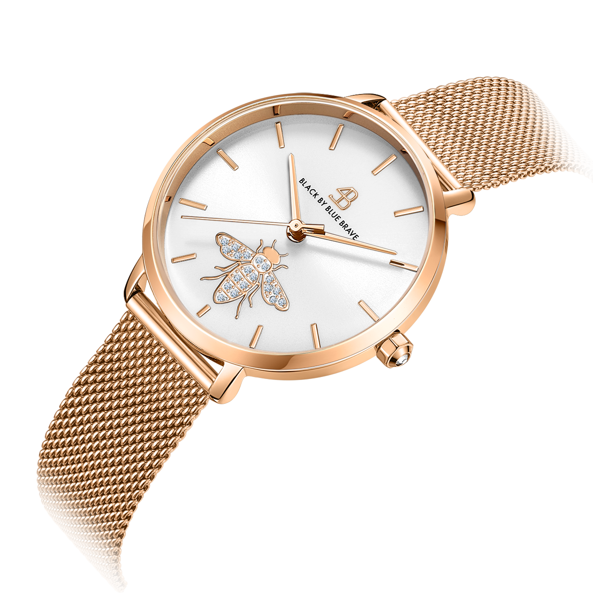 Honey Bee 32mm White Dial White Crystal Bee Rosegold Meshband Watch