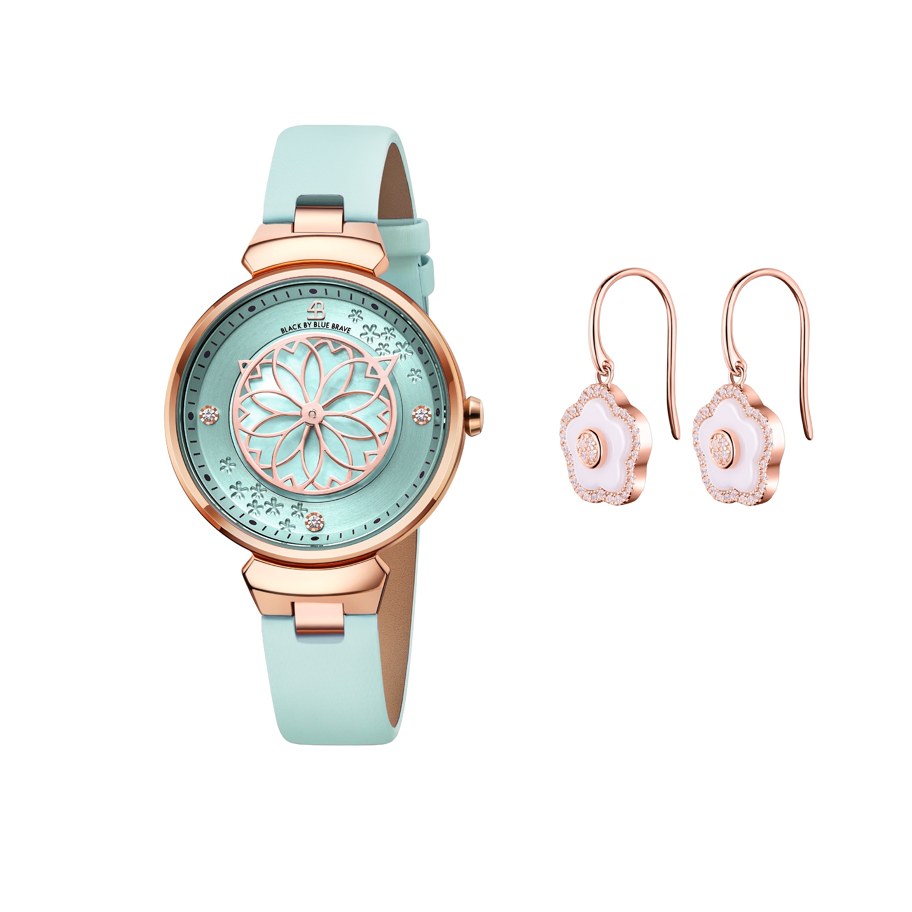 Blue Cherry Blossom Ceramic Watch With Flower Ceramic Earrings