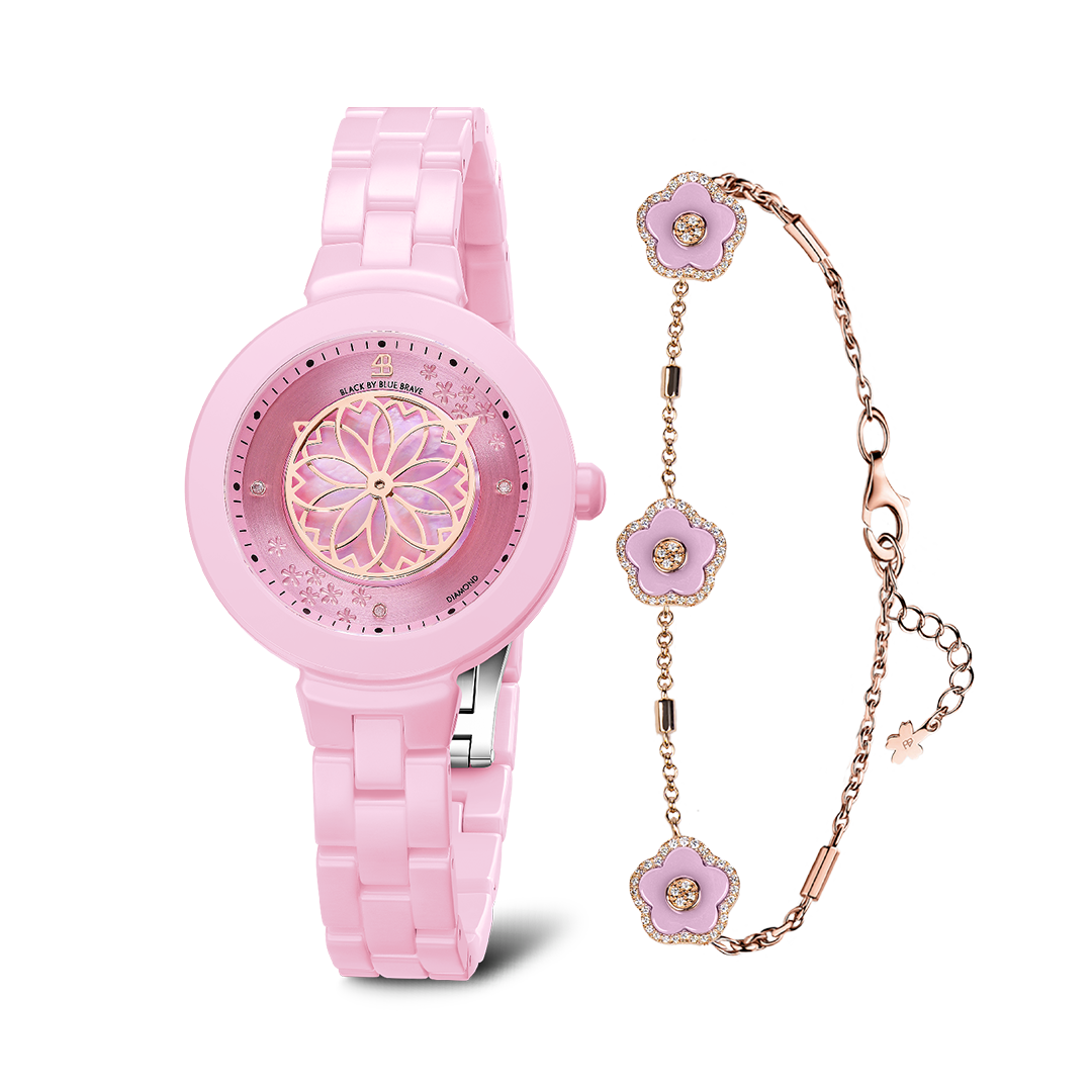 Pink Diamond Cherry Blossom Ceramic Watch With Flower Ceramic Bracelet