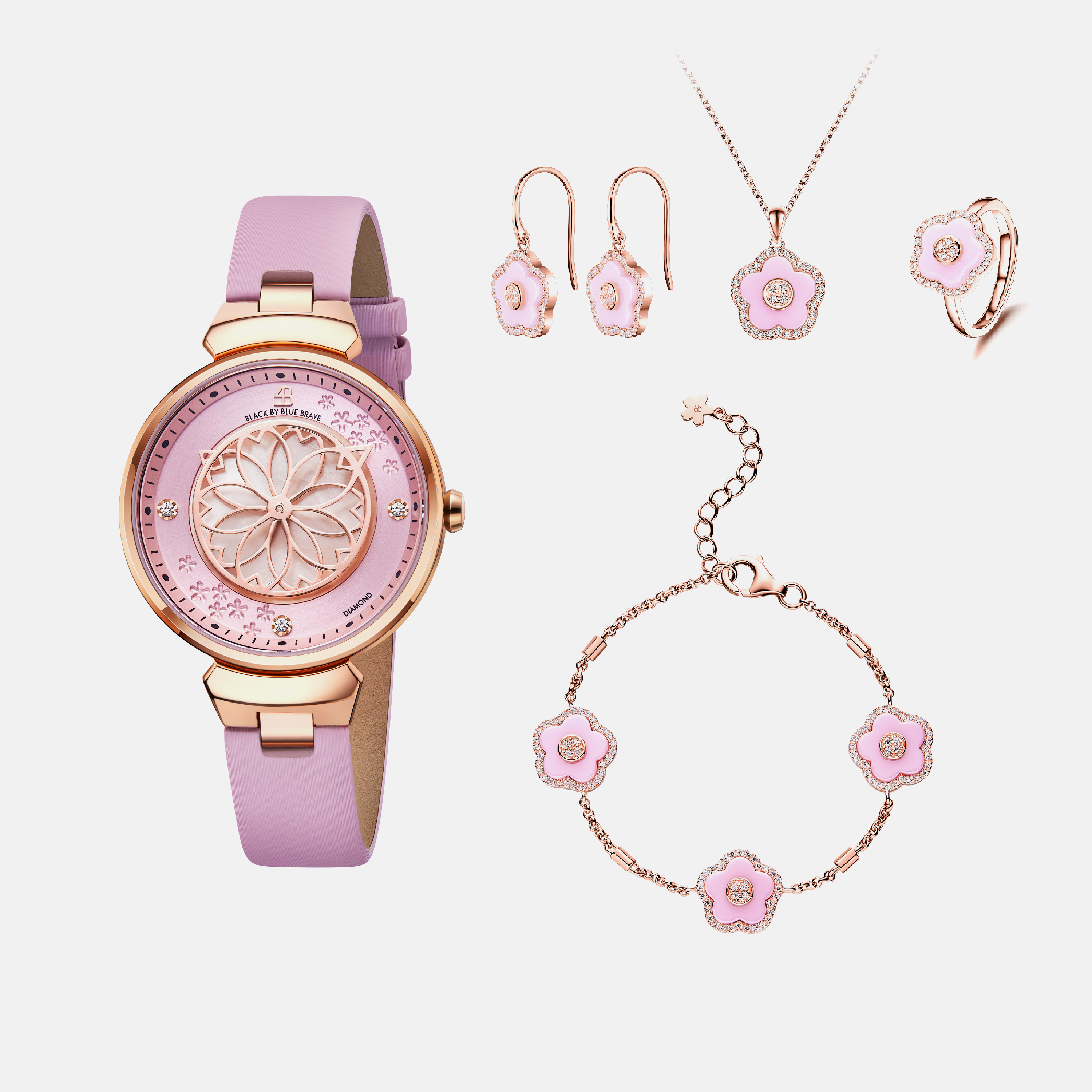 PINK CHERRY BLOSSOM WATCH WITH FLOWER CERAMIC  JEWELLERIES（EARRINGS & BRACELET & NECKLACE & RING）