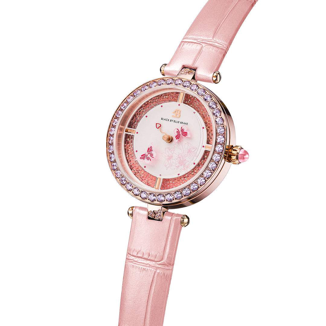 Butterfly Lovers 34mm Pink Dial Moving Butterfly Hands Leather Strap Watch