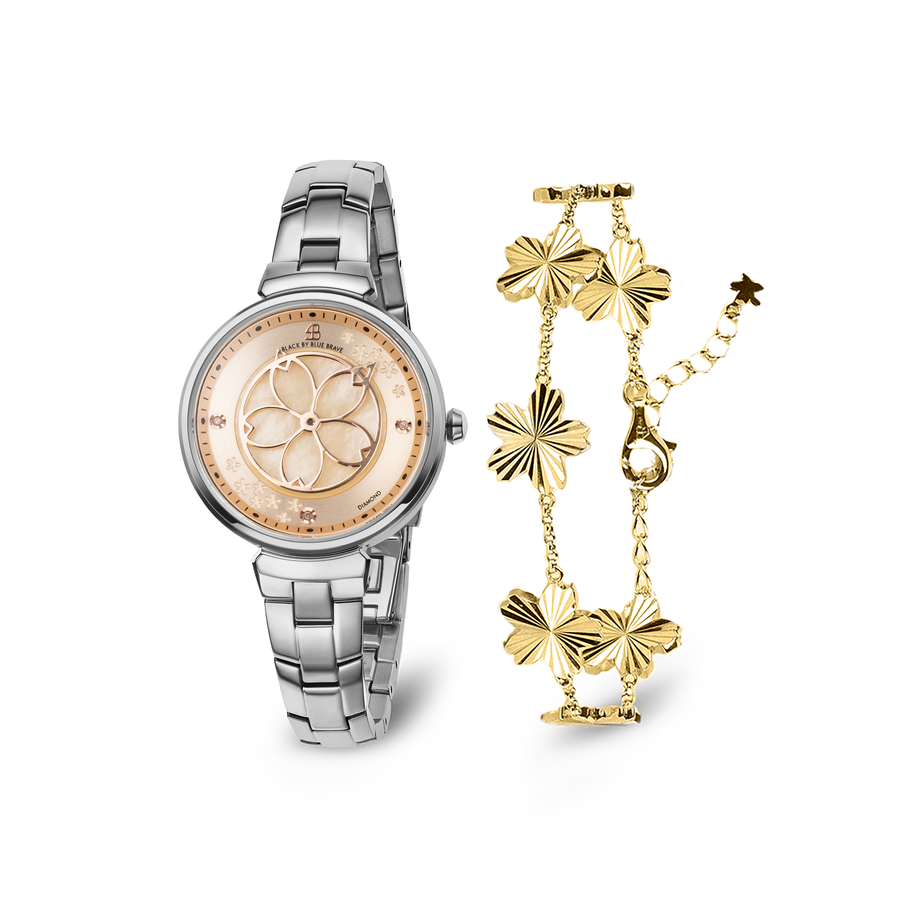 Champagne Cherry Blossom Silver Bracelet Watch With Gold Cherry Blossom Gleam Bracelet - BLACK BY BLUE BRAVE