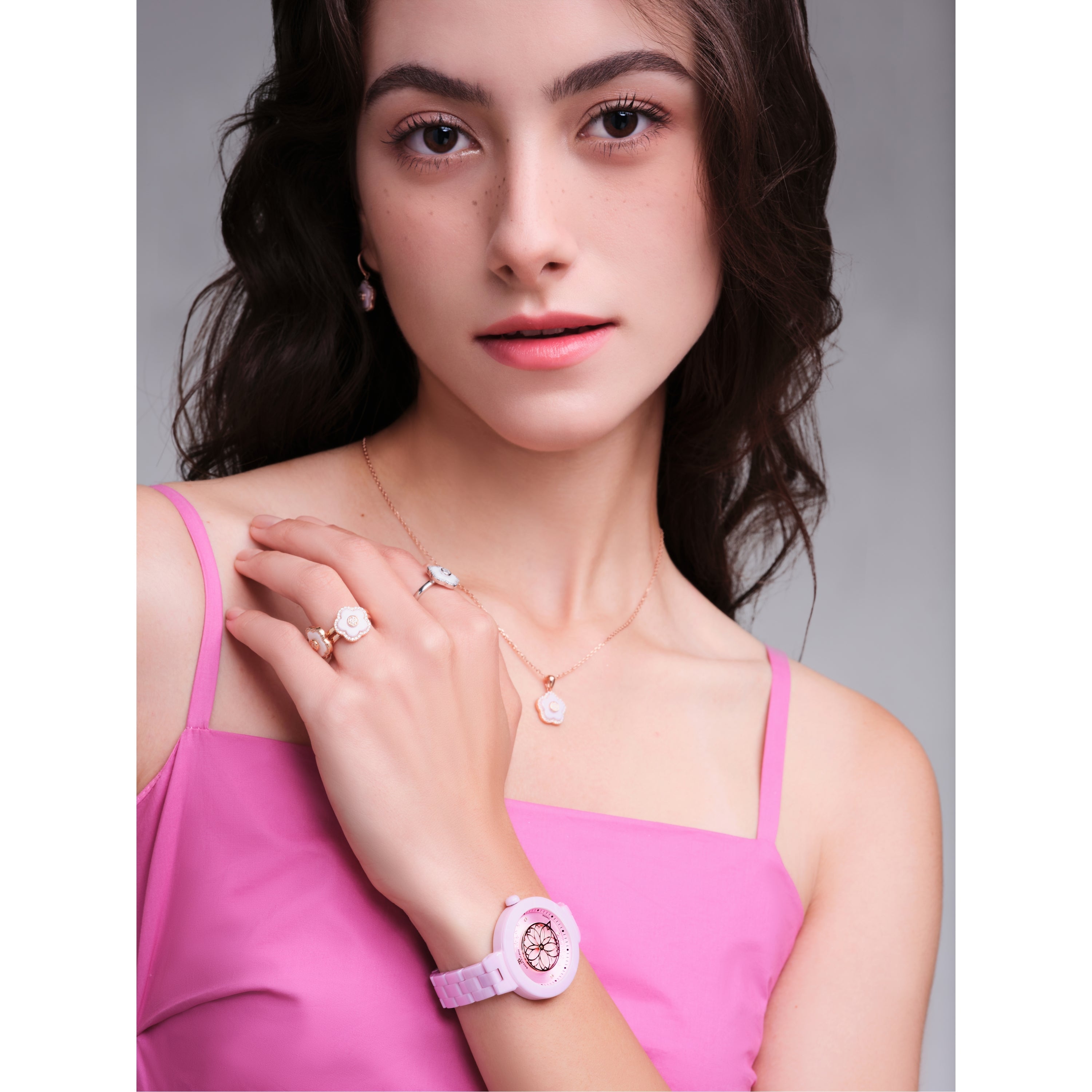 PINK DIAMOND CHERRY BLOSSOM CERAMIC WATCH WITH FLOWER CERAMIC JEWELLERIES (EARRINGS & NECKLACE & BRACELET & RING)