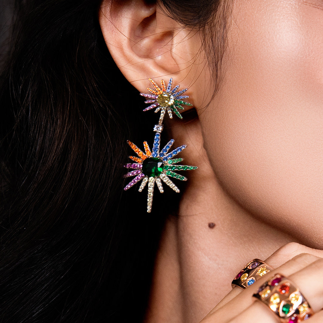 Love Wins Rainbow Zirconia Starburst Earrings Sterling Sliver Gold Plated