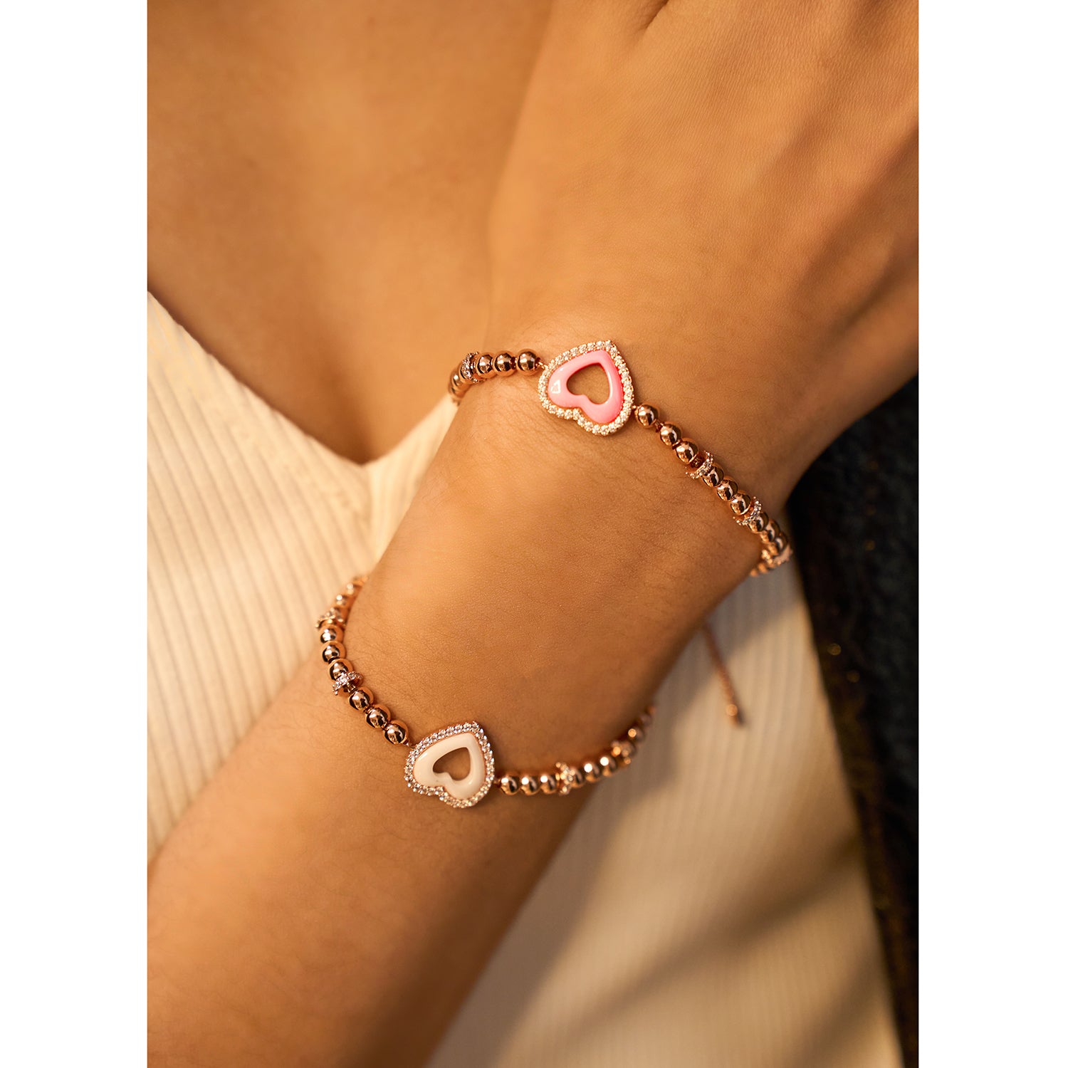 Love Heart Bracelet Brass 18K Rose gold Plating & Pink/White Heart Ceramice