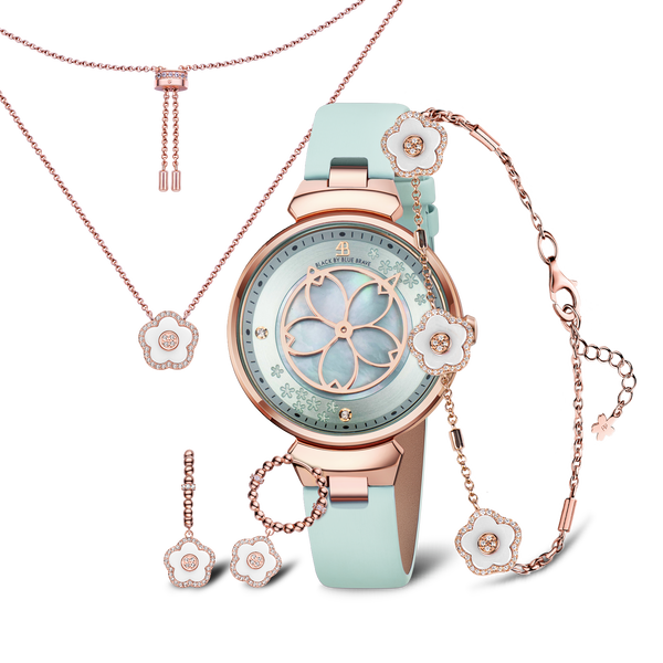 Blue Cherry Blossom Watch With Flower Ceramic Jewelleries (Earrings &