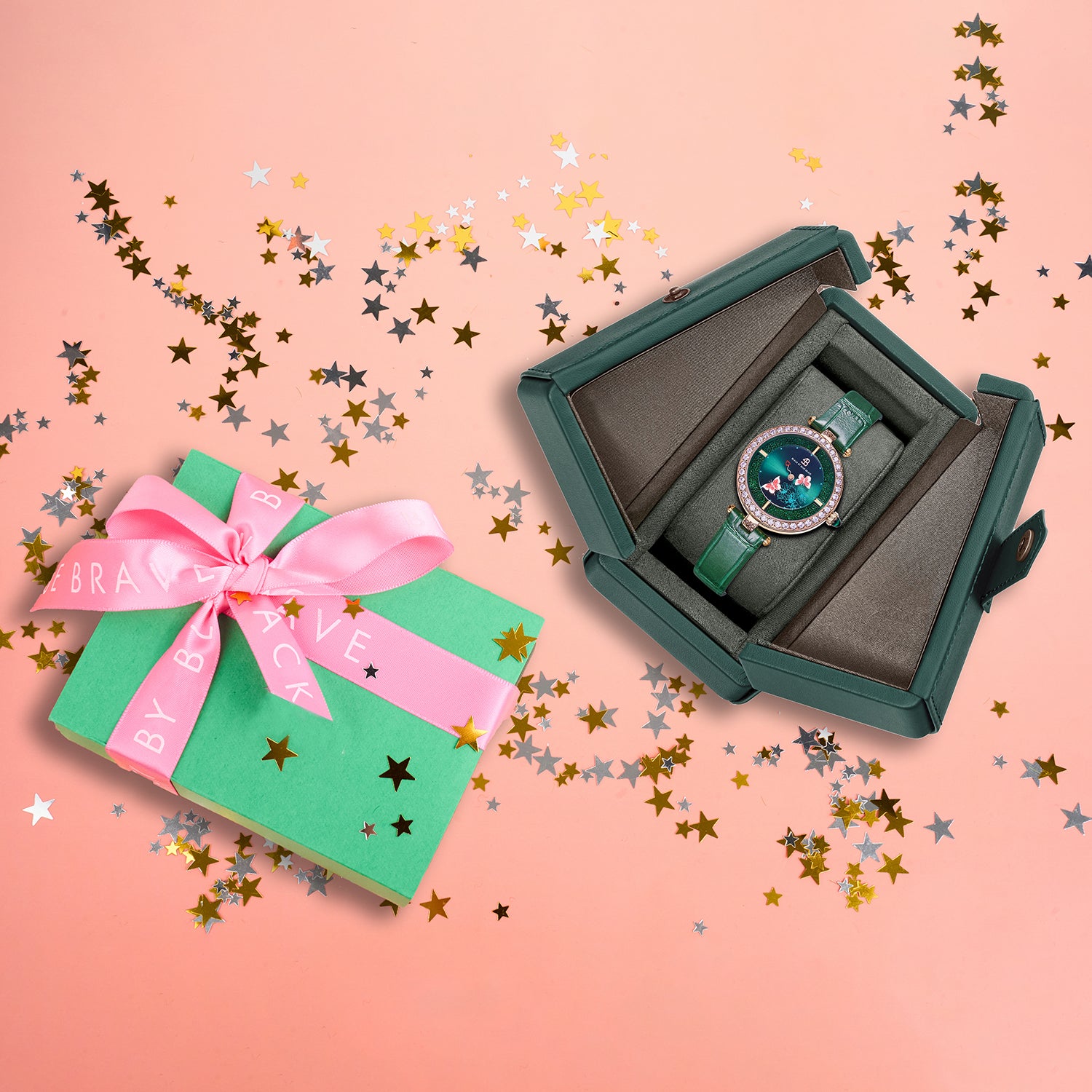 Butterfly Lovers 34mm Green Dial Moving Butterfly Hands Leather Strap Watch - 4B11113 - Gift Box - Black By Blue Brave