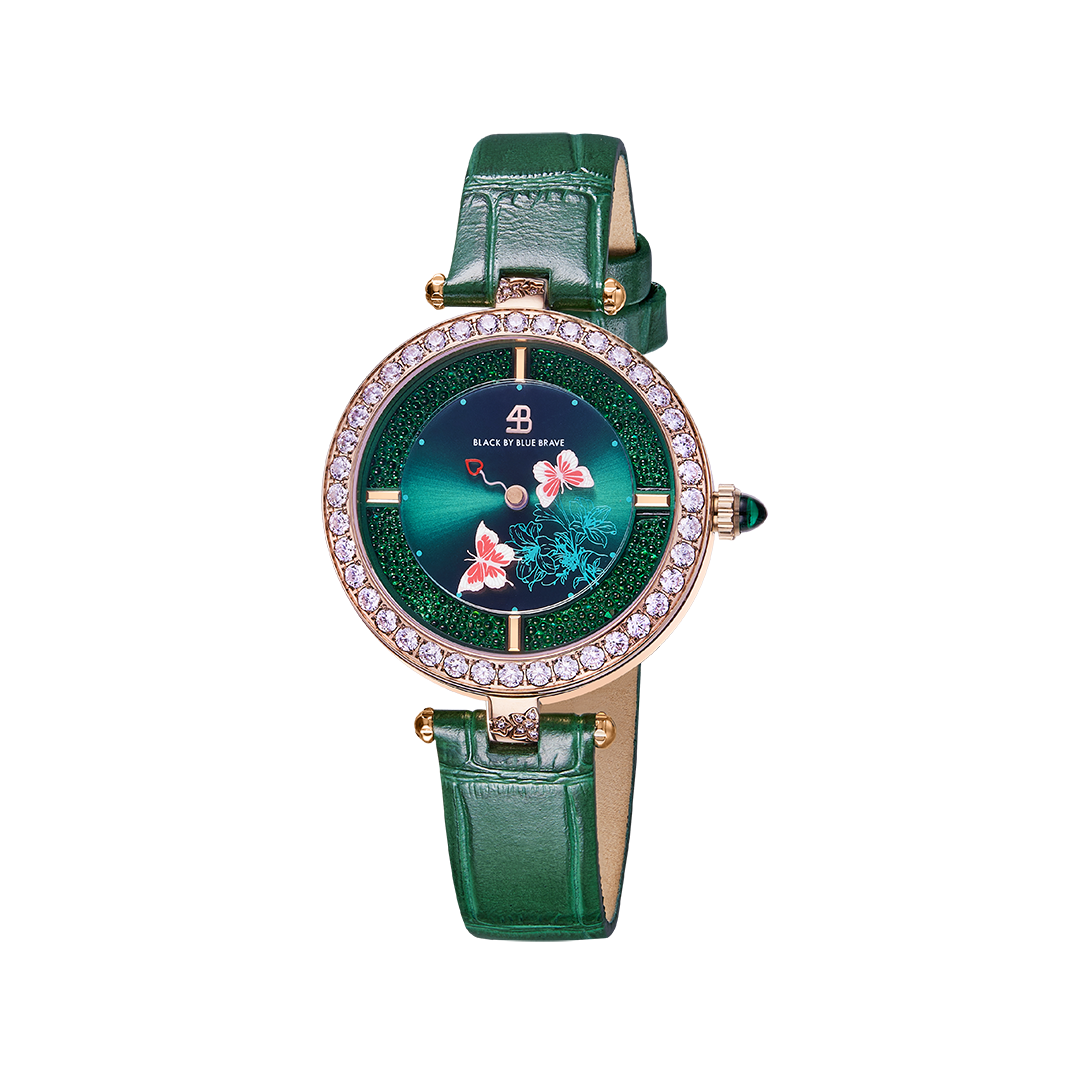 Butterfly Lovers 34mm Green Dial Moving Butterfly Hands Leather Strap Watch - 4B11113 - front - Black By Blue Brave