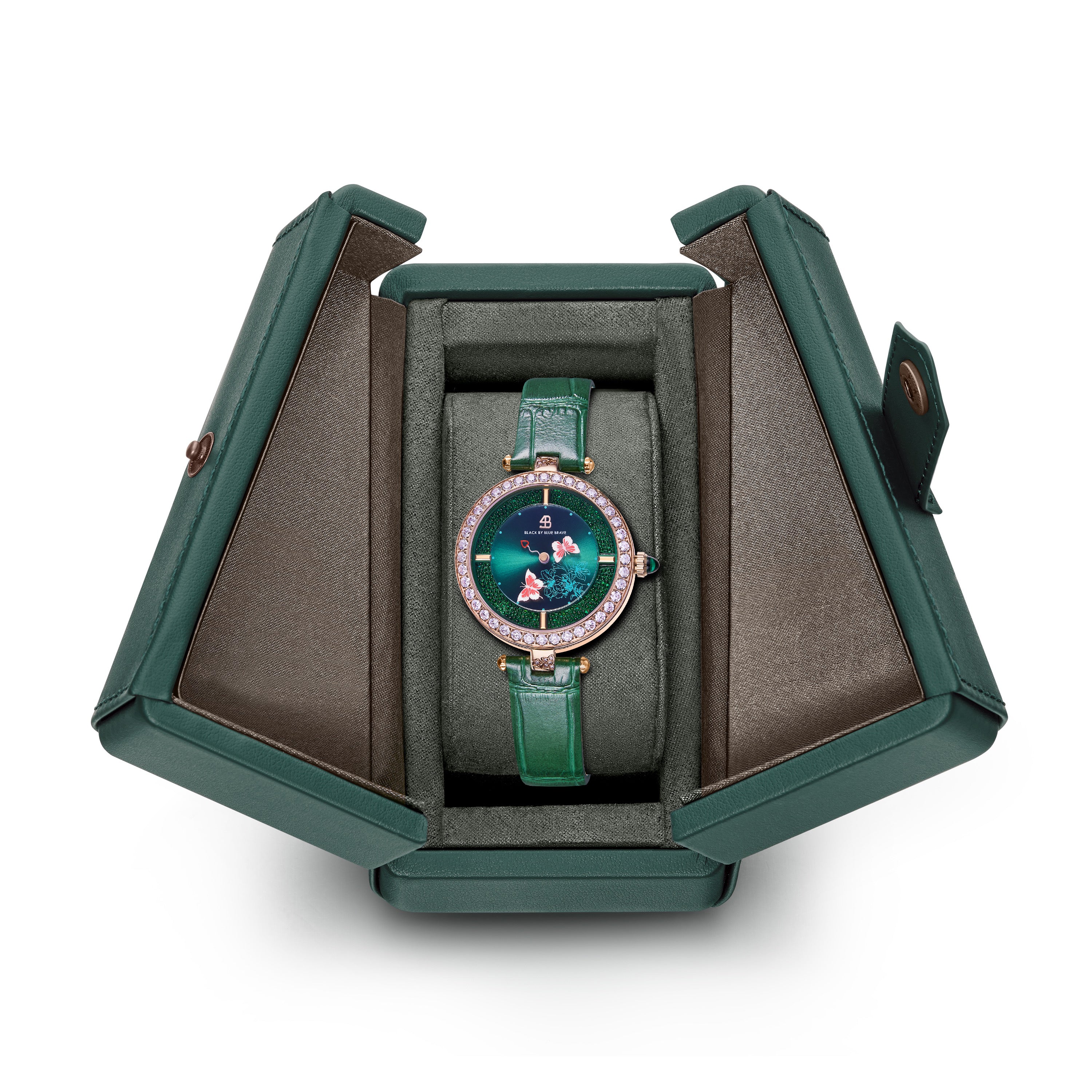 Butterfly Lovers 34mm Green Dial Moving Butterfly Hands Leather Strap Watch - 4B11113 - packaging - Black By Blue Brave