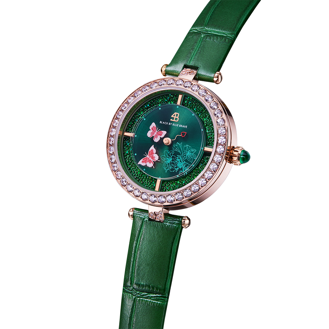 Butterfly Lovers 34mm Green Dial Moving Butterfly Hands Leather Strap Watch - 4B11113 - side view - Black By Blue Brave