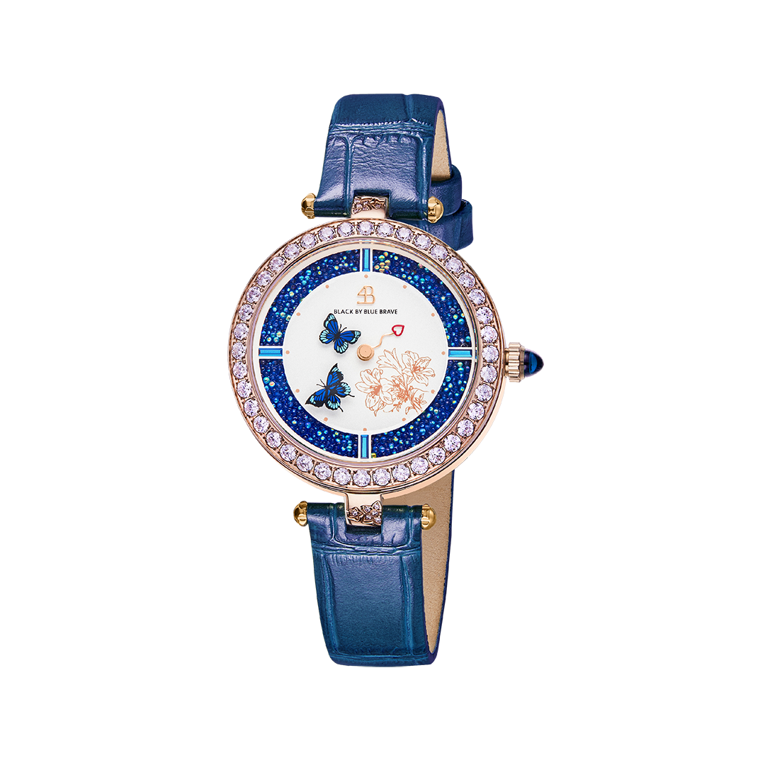 Butterfly Lovers 34mm Blue Dial Moving Butterfly Hands Leather Strap Watch - 4B11114 - front - Black By Blue Brave