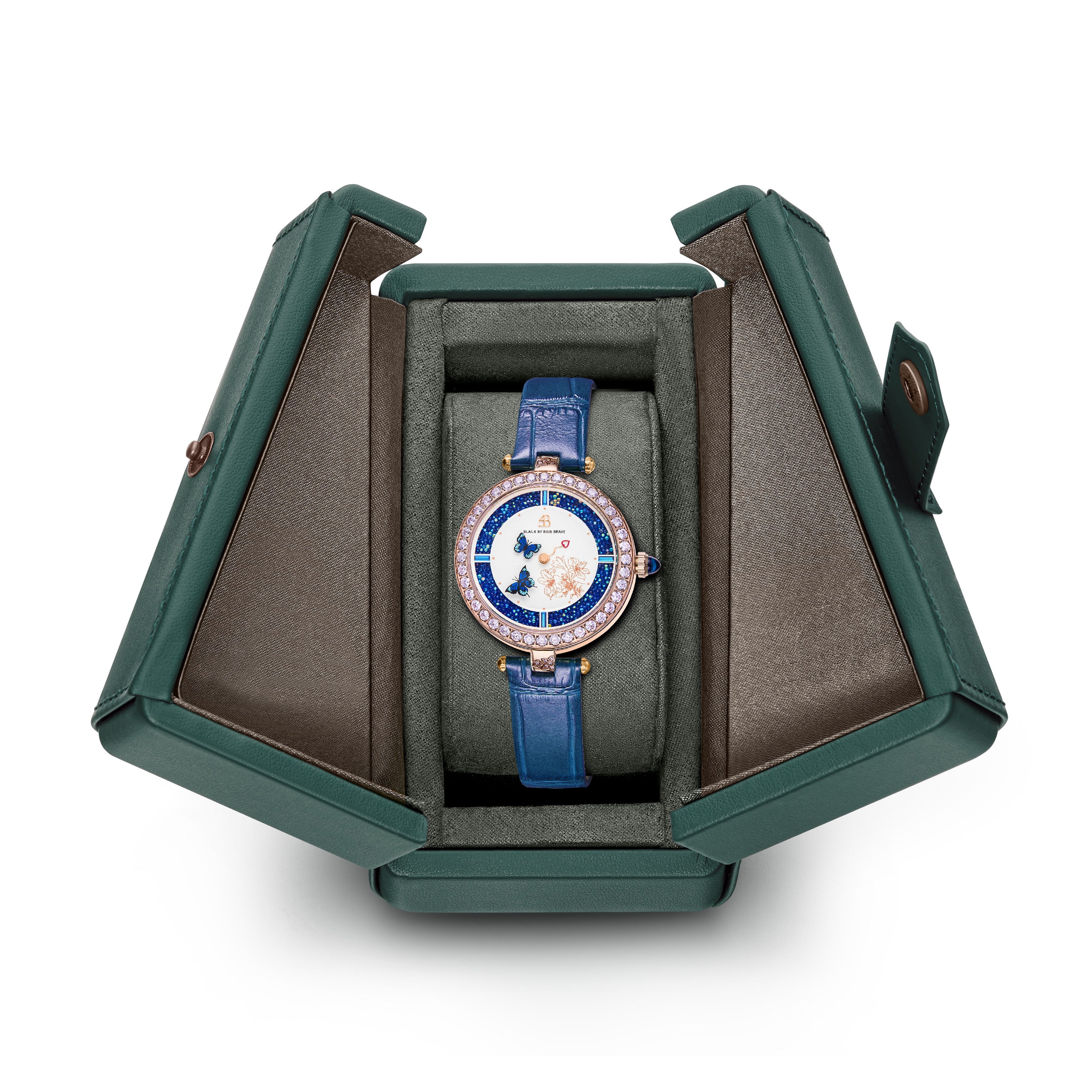 Butterfly Lovers 34mm Blue Dial Moving Butterfly Hands Leather Strap Watch - 4B11114 - packaging - Black By Blue Brave