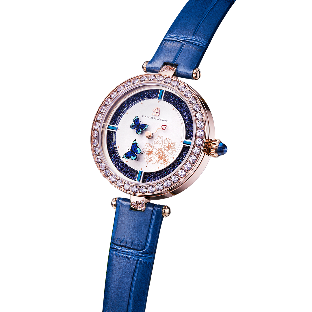 Butterfly Lovers 34mm Blue Dial Moving Butterfly Hands Leather Strap Watch - 4B11114 - side view - Black By Blue Brave