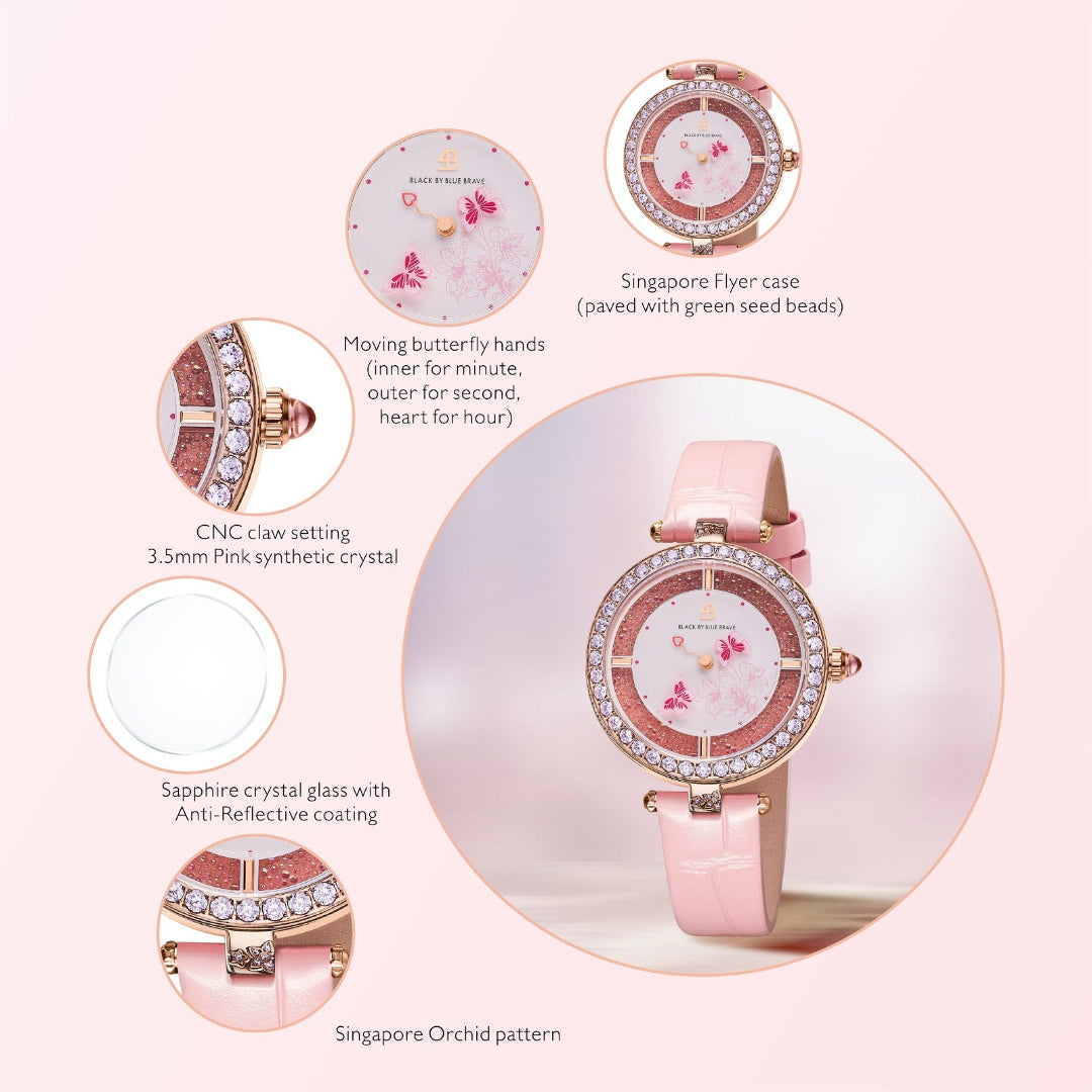 Butterfly Lovers 34mm Pink Dial Moving Butterfly Hands Leather Strap Watch - 4B11115 - Selling point map - Black By Blue Brave
