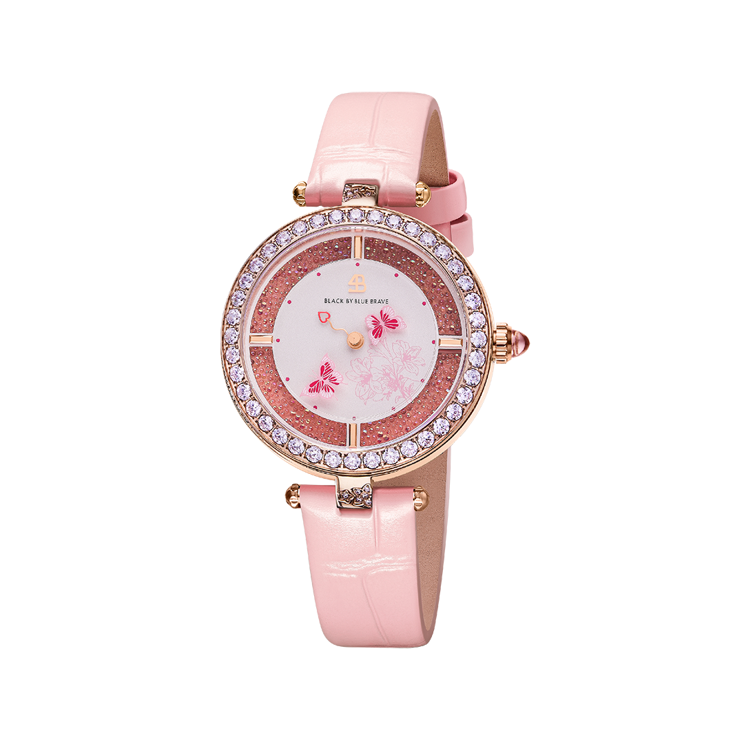 Butterfly Lovers 34mm Pink Dial Moving Butterfly Hands Leather Strap Watch - 4B11115 - front - Black By Blue Brave