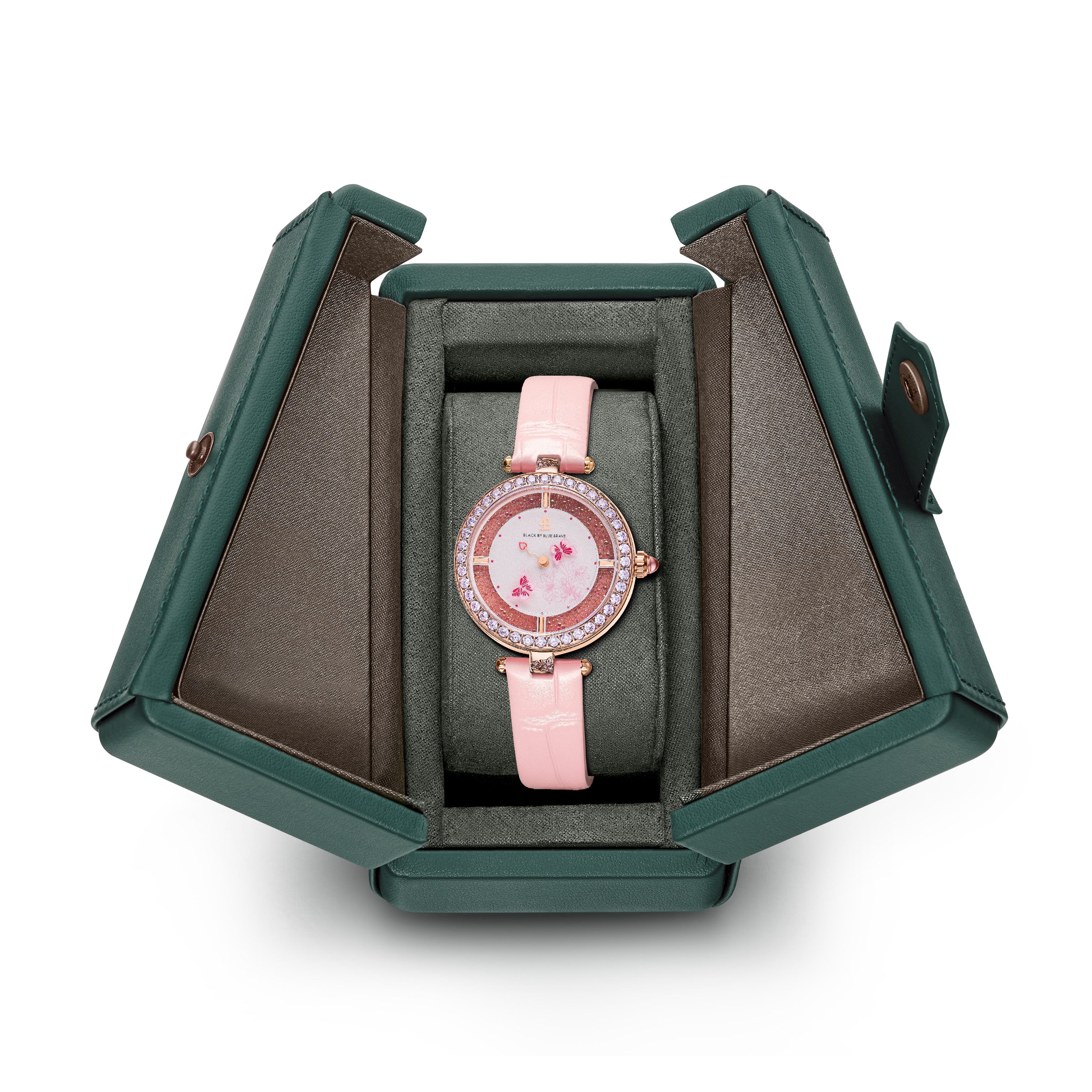Butterfly Lovers 34mm Pink Dial Moving Butterfly Hands Leather Strap Watch - 4B11115 - packaging - Black By Blue Brave