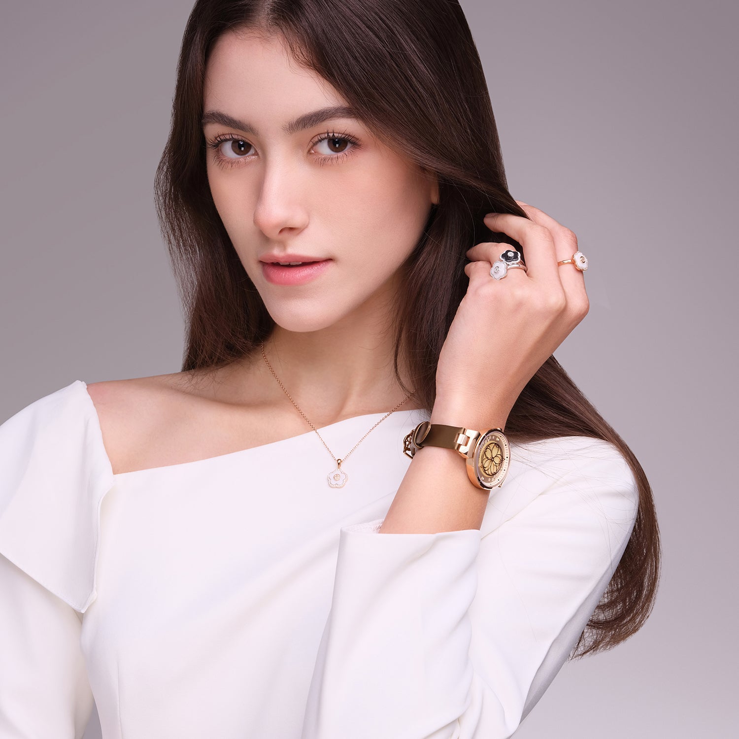 CHAMPAGNE CHERRY BLOSSOM WATCH WITH ROSEGOLD FLOWER NECKLACE & WHITE CERAMIC