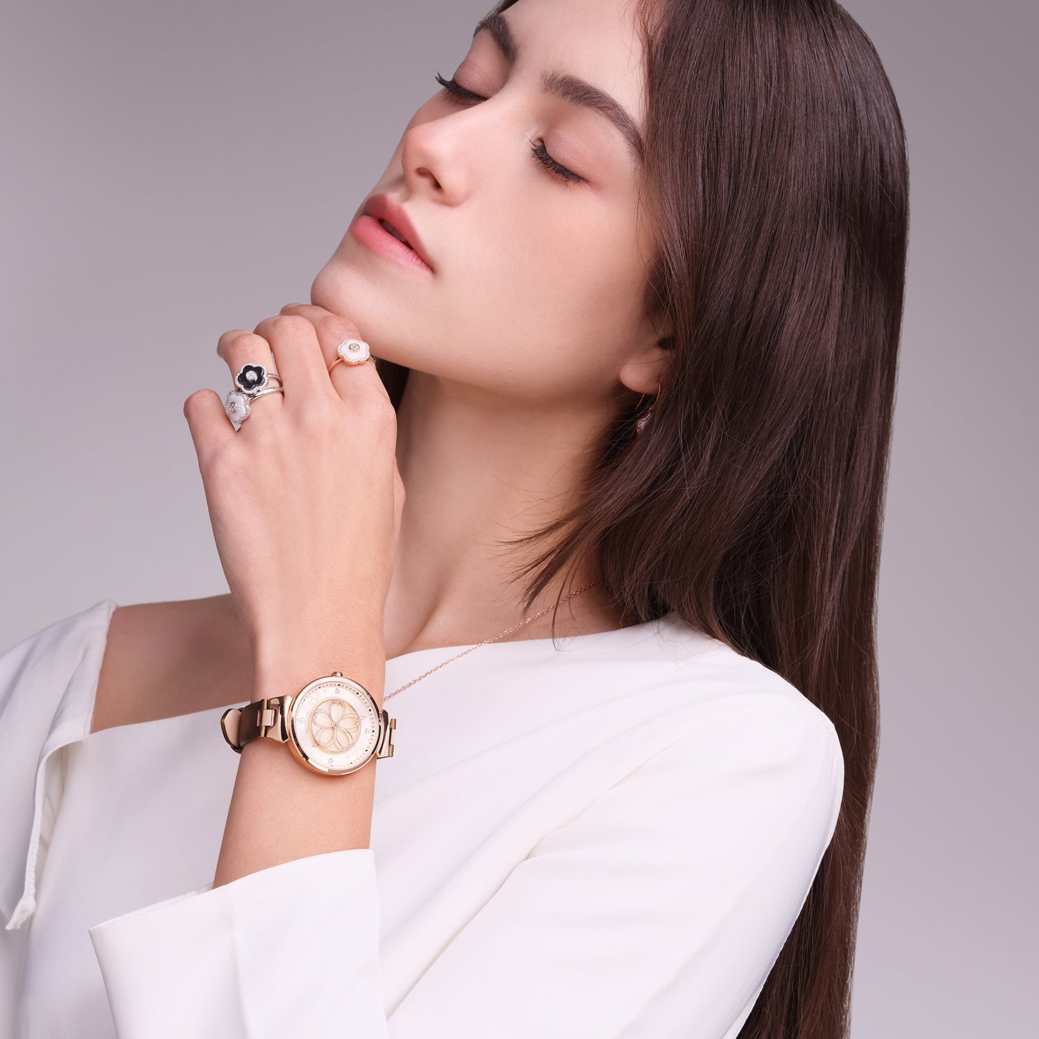 CHAMPAGNE CHERRY BLOSSOM WATCH & FLOWER CERAMIC EARRINGS