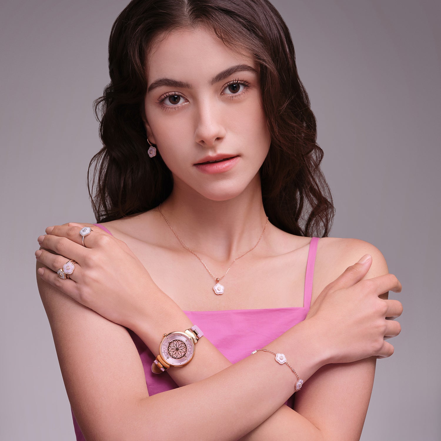 PINK CHERRY BLOSSOM WATCH WITH FLOWER CERAMIC  JEWELLERIES（EARRINGS & BRACELET & NECKLACE）