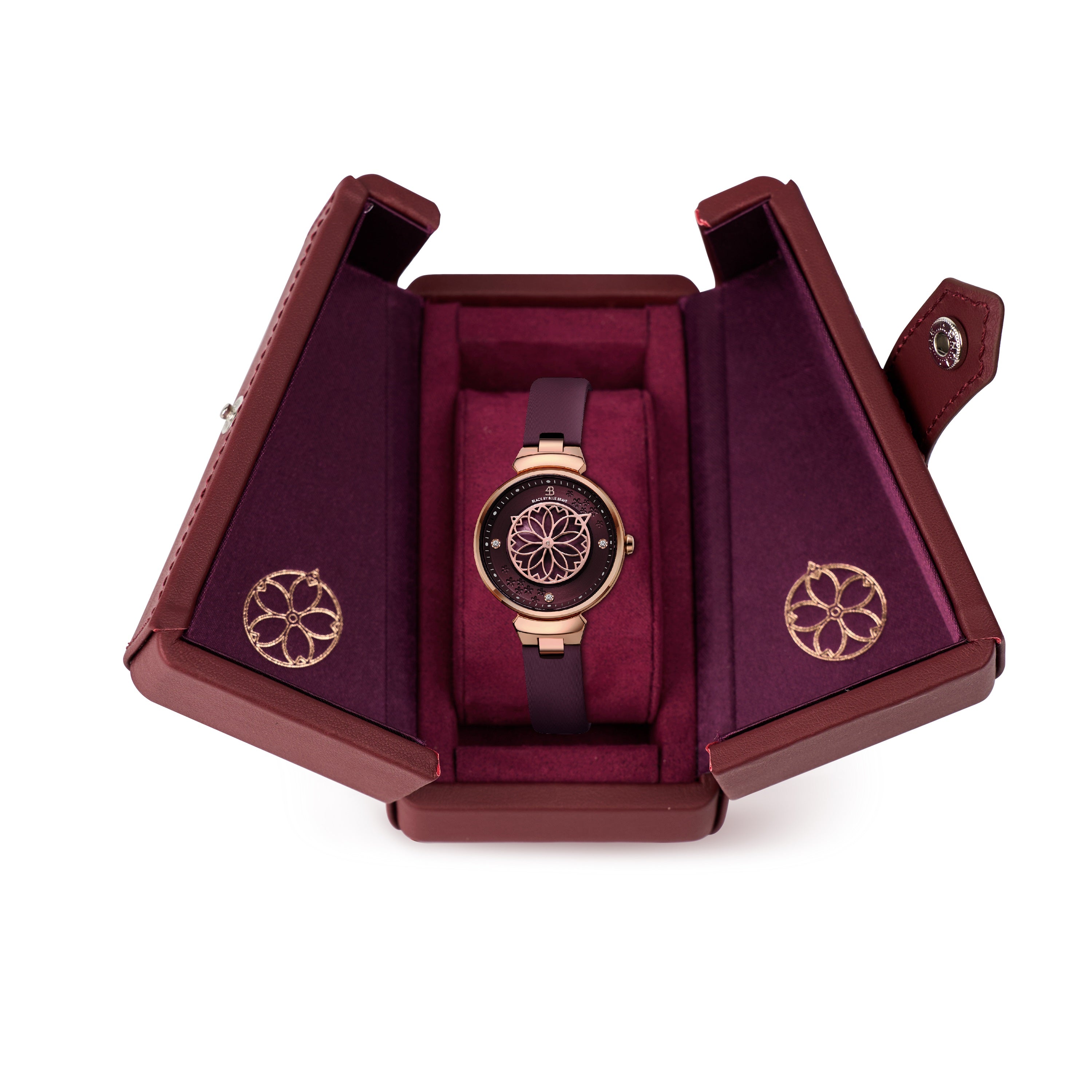 Cherry Blossom Ruby Red Mother Of Pearl Dial Sakura Petal Hand Leather Strap Watch - 4B11102 - Model wearing - Black By Blue Brave