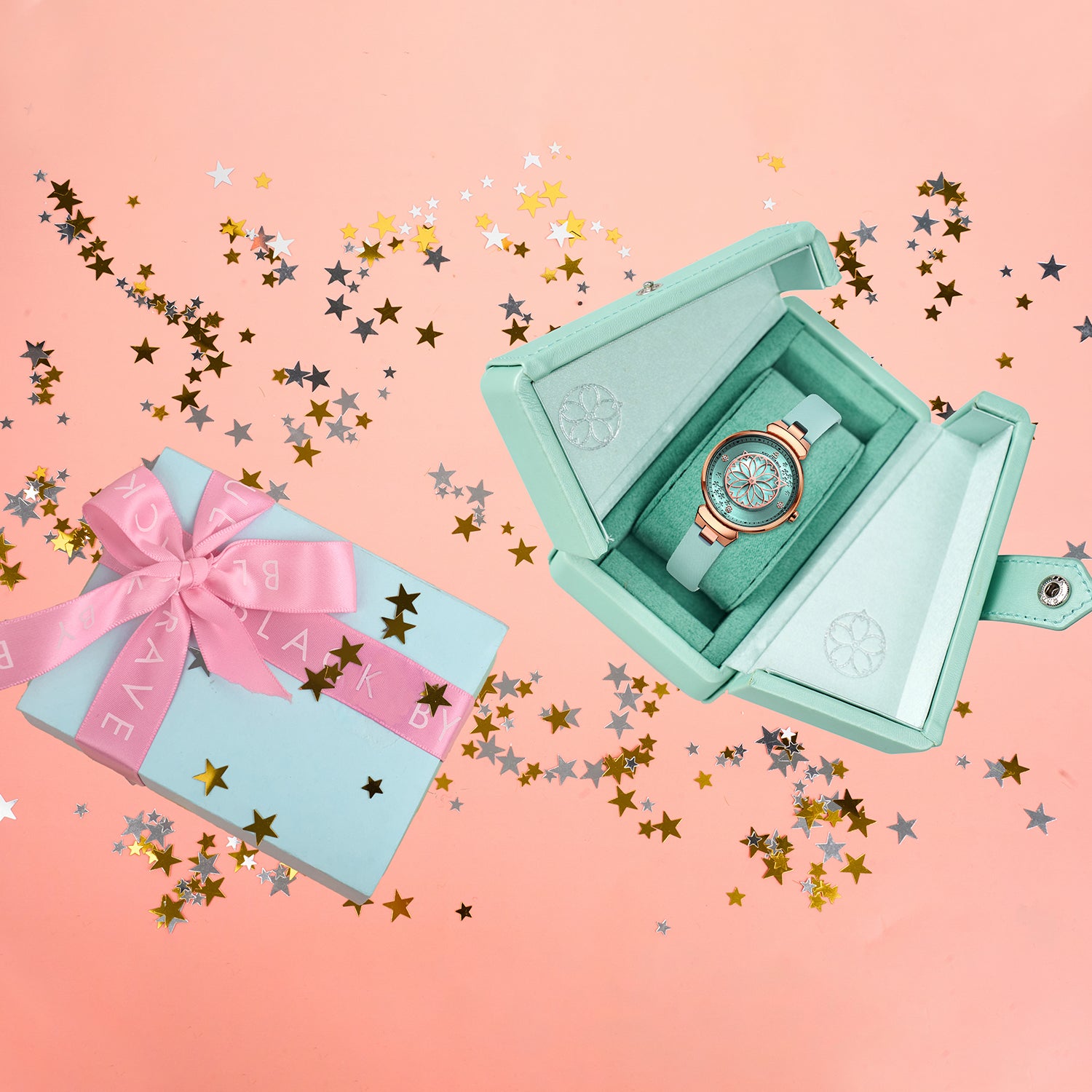 Cherry Blossom Blue Mother Of Pearl Dial Sakura Petal Hand Leather Strap Watch - 4B11103 - Gift Box - Black By Blue Brave