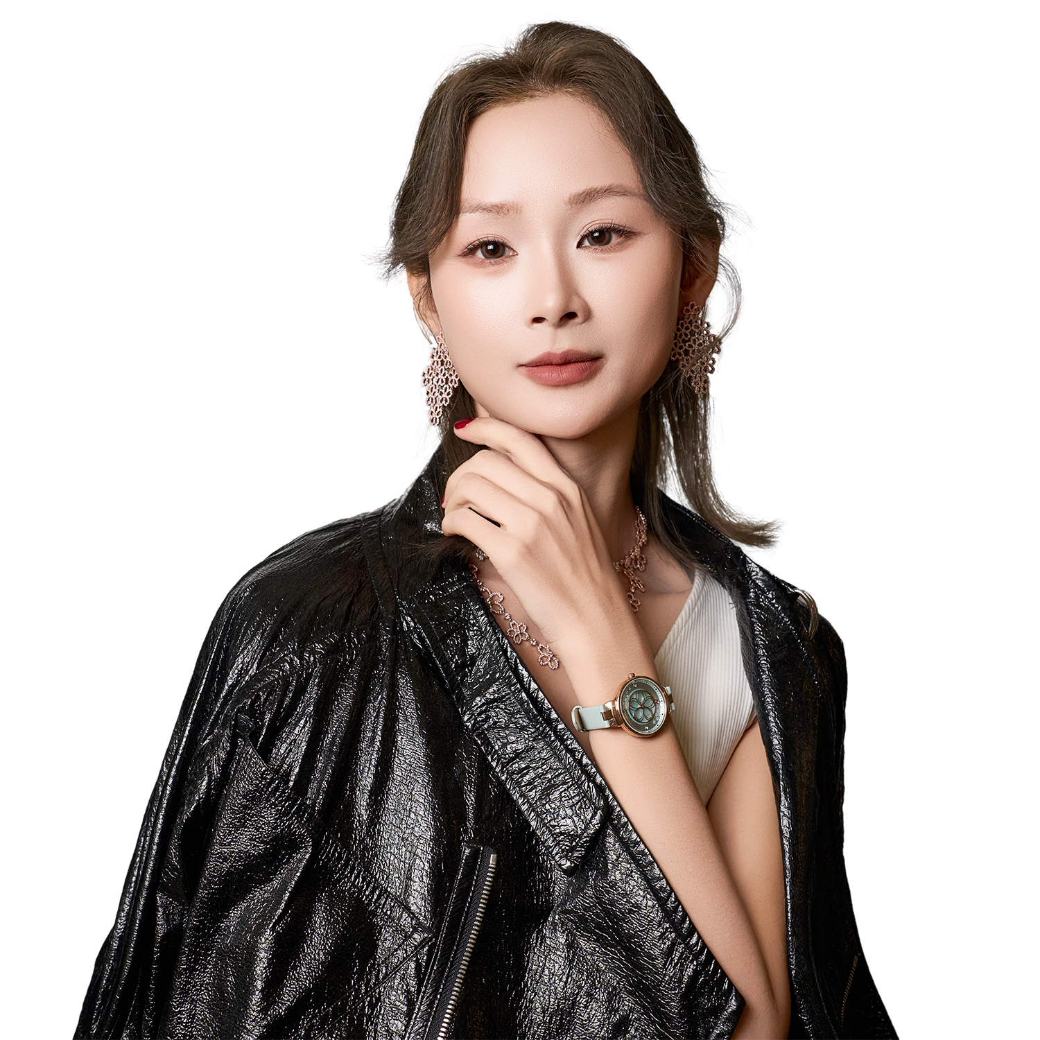 Cherry Blossom Blue Mother Of Pearl Dial Sakura Petal Hand Leather Strap Watch - 4B11103 - Model wearing - Black By Blue Brave