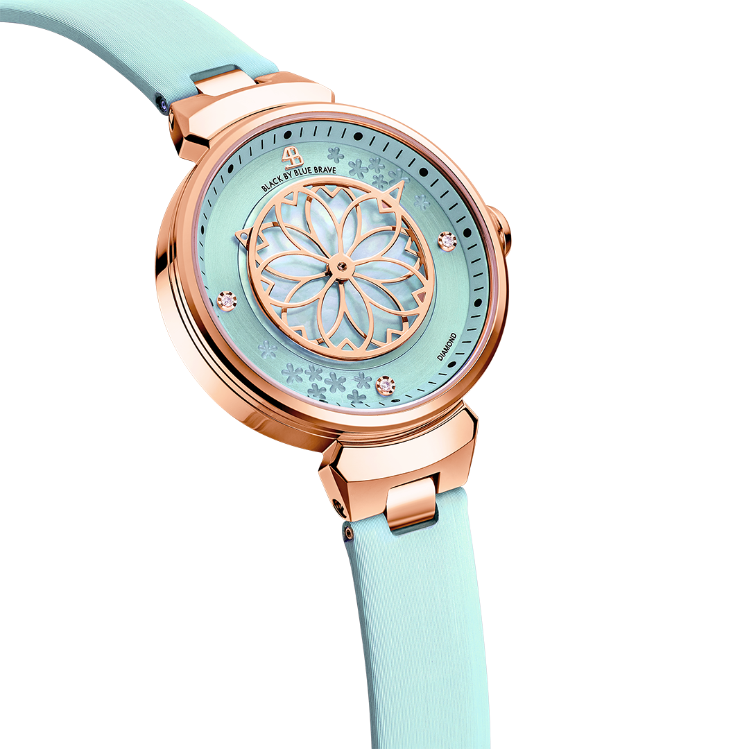 Cherry Blossom Blue Mother Of Pearl Dial Sakura Petal Hand Leather Strap Watch - 4B11103 - side view - Black By Blue Brave