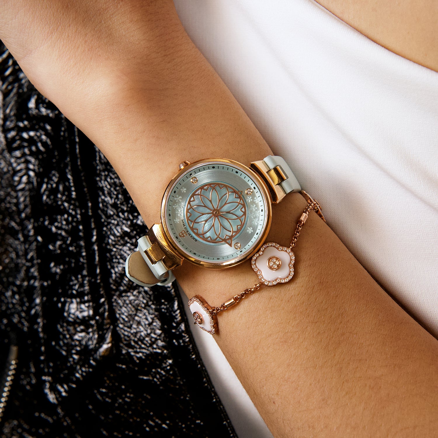 Cherry Blossom Blue Mother Of Pearl Dial Sakura Petal Hand Leather Strap Watch - 4B11103 - wrist - Black By Blue Brave