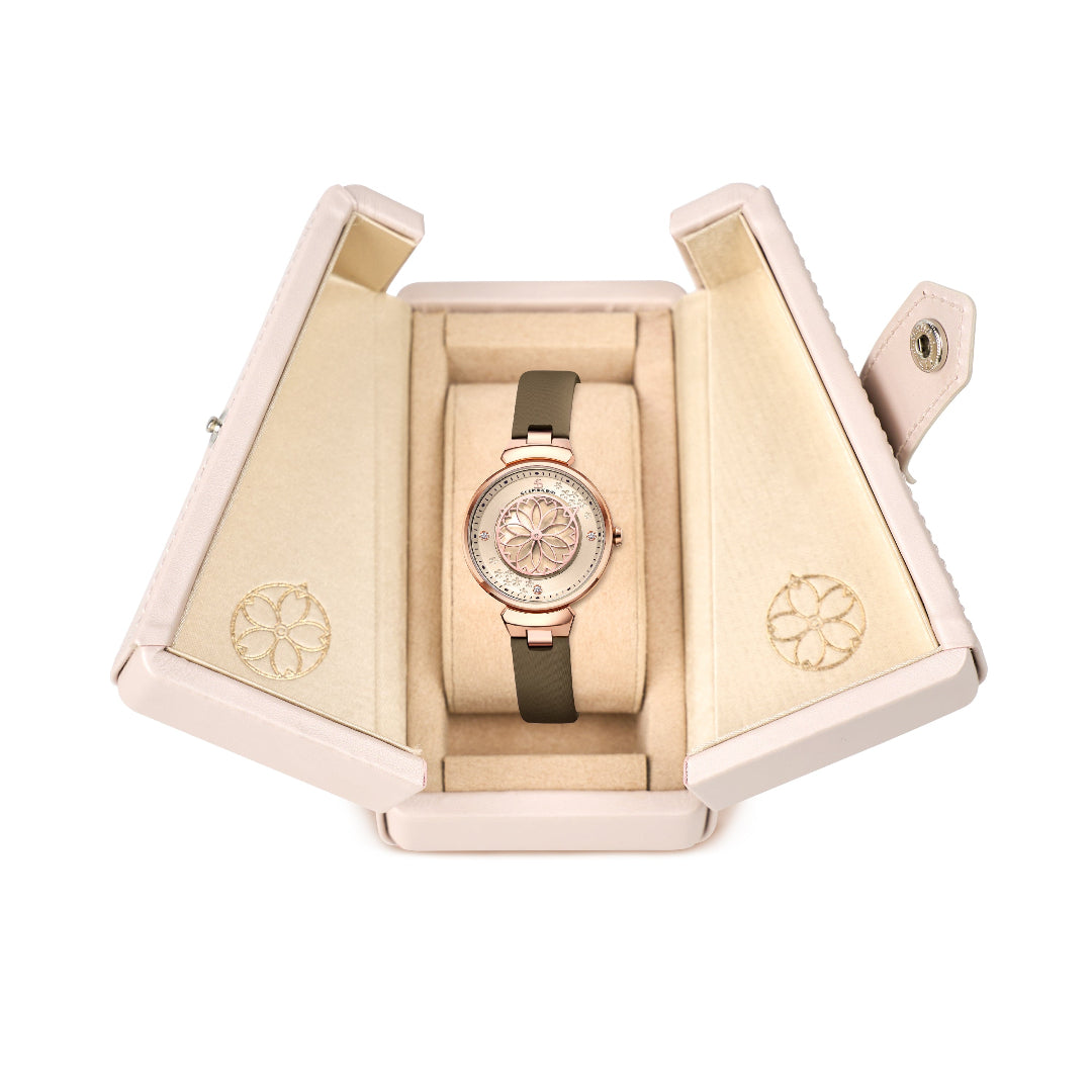 Cherry Blossom Champagne Mother Of Pearl Dial Sakura Petal Hand Leather Strap Watch - 4B11104 - packaging - Black By Blue Brave