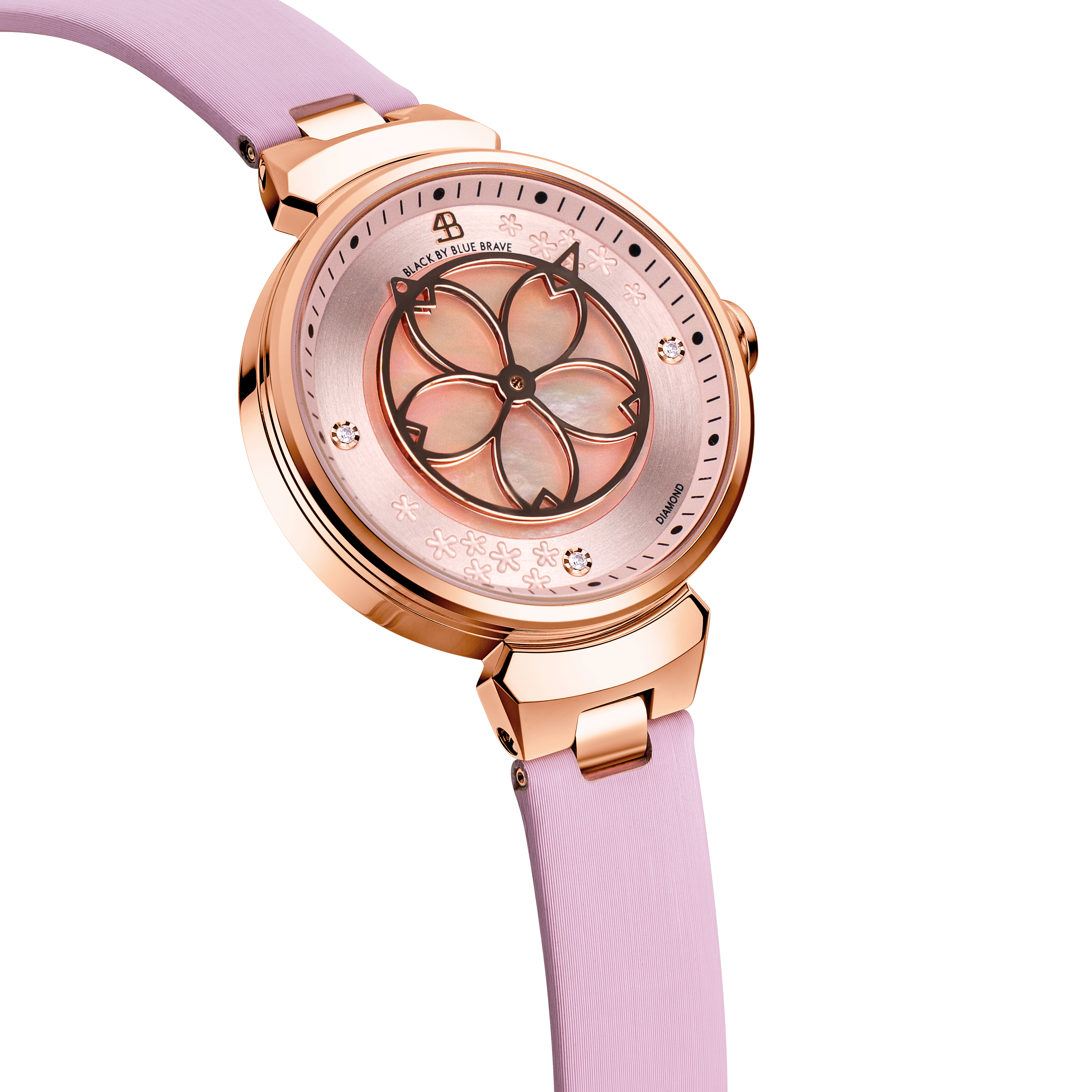 Cherry Blossom Pink Mother Of Pearl Dial Genuine Diamonds Sakura Petal Hand Leather Strap Watch - 4B11105 - side view - Black By Blue Brave