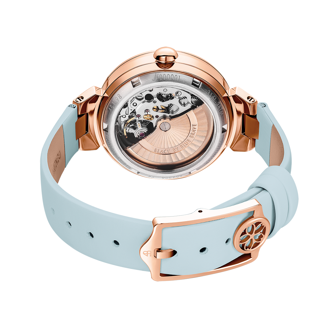 Cherry Blossom 36mm Blue Mother Of Pearl Dial Leather Strap Automatic Watch - 4B1195 - Back side - Black By Blue Brave