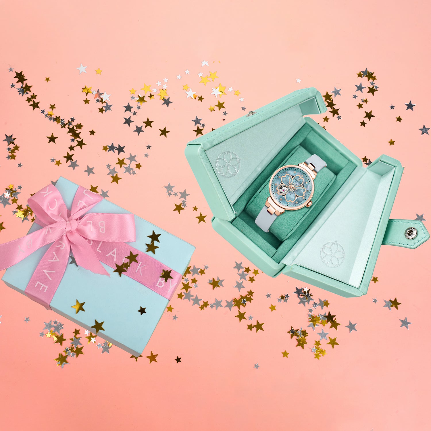 Cherry Blossom 36mm Blue Mother Of Pearl Dial Leather Strap Automatic Watch - 4B1195 - Gift Box - Black By Blue Brave