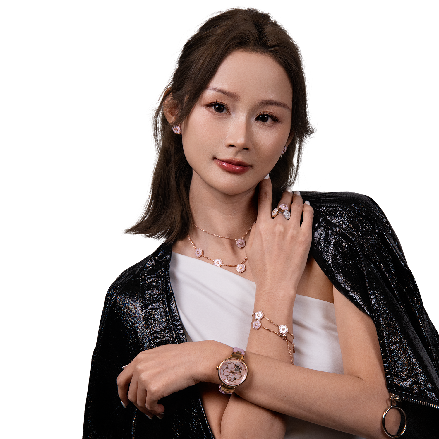 Cherry Blossom 36mm Pink Mother Of Pearl Dial Leather Strap Automatic Watch - 4B1196 - Model wearing - Black By Blue Brave