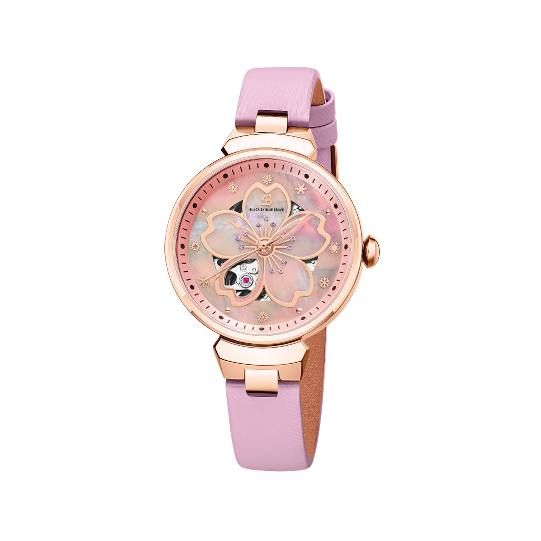 Cherry Blossom 36mm Pink Mother Of Pearl Dial Leather Strap Automatic Watch - 4B1196 - front - Black By Blue Brave