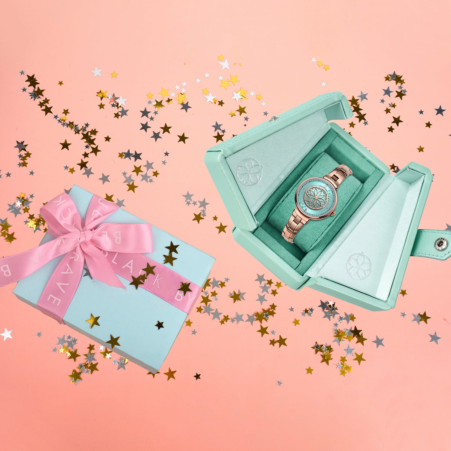 Cherry Blossom 32mm Blue Mother Of Pearl Dial Sakura Petal Hand Rose Gold Bracelet Watch - 4B1207 - Gift Box - Black By Blue Brave