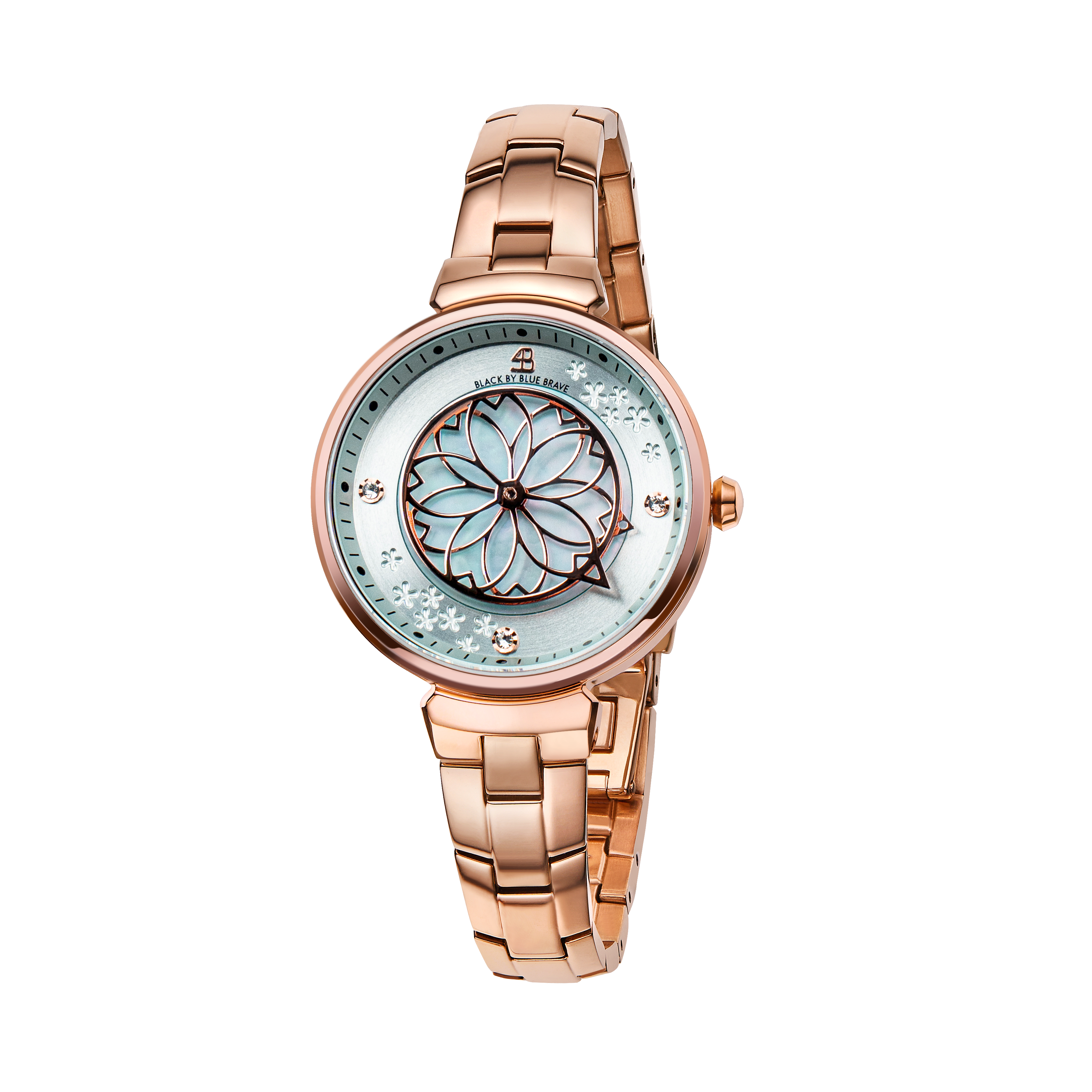 Cherry Blossom 32mm Blue Mother Of Pearl Dial Sakura Petal Hand Rose Gold Bracelet Watch - 4B1207 - front - Black By Blue Brave