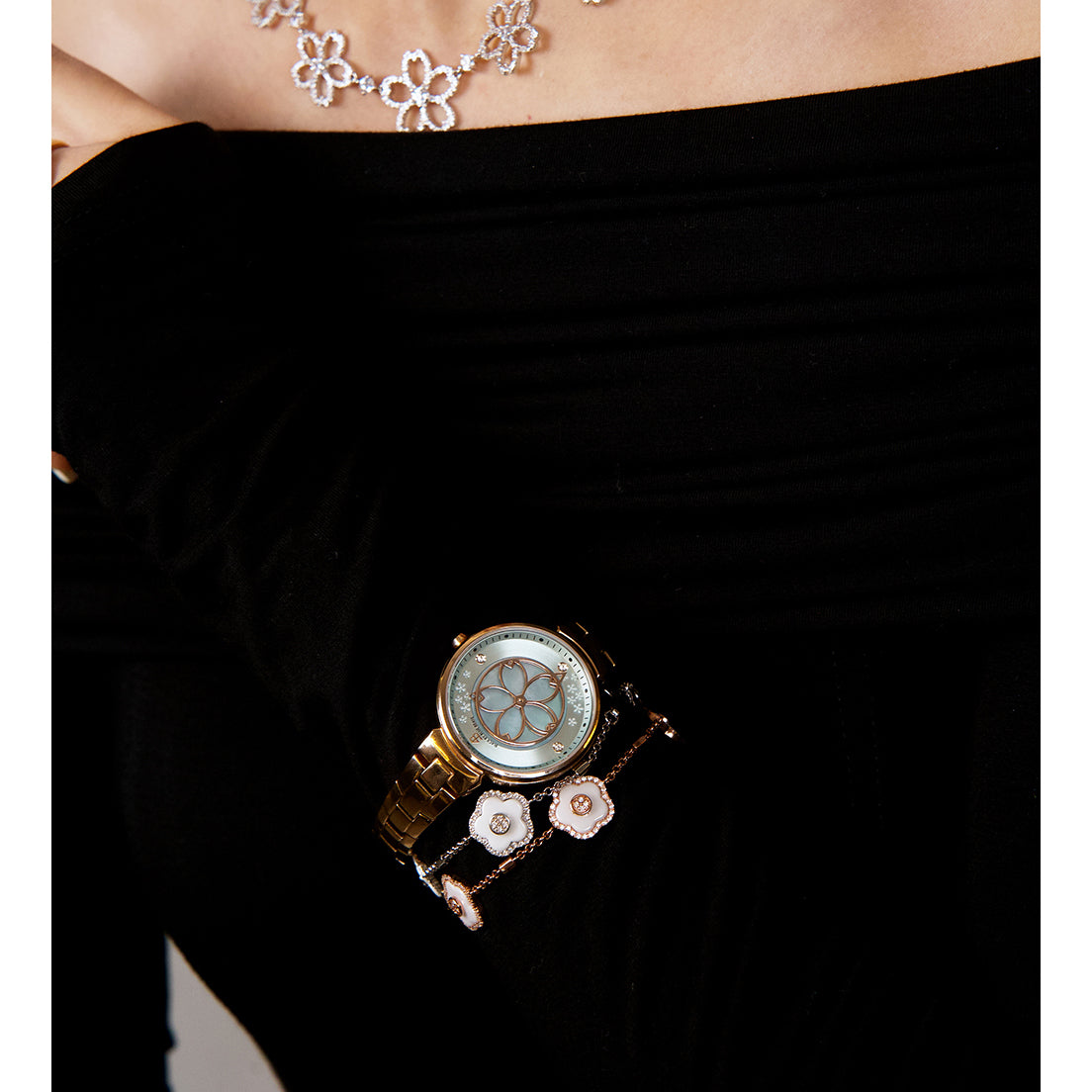 Cherry Blossom 32mm Blue Mother Of Pearl Dial Sakura Petal Hand Rose Gold Bracelet Watch - 4B1207 - wrist - Black By Blue Brave